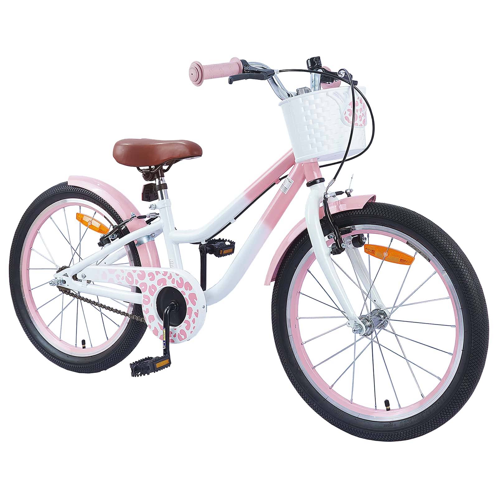 Ein weißes und rosa Kinderfahrrad mit Stützrädern, einem Korb vorne und einem braunen Sattel, das für sicheres und einfaches Fahren konzipiert ist.