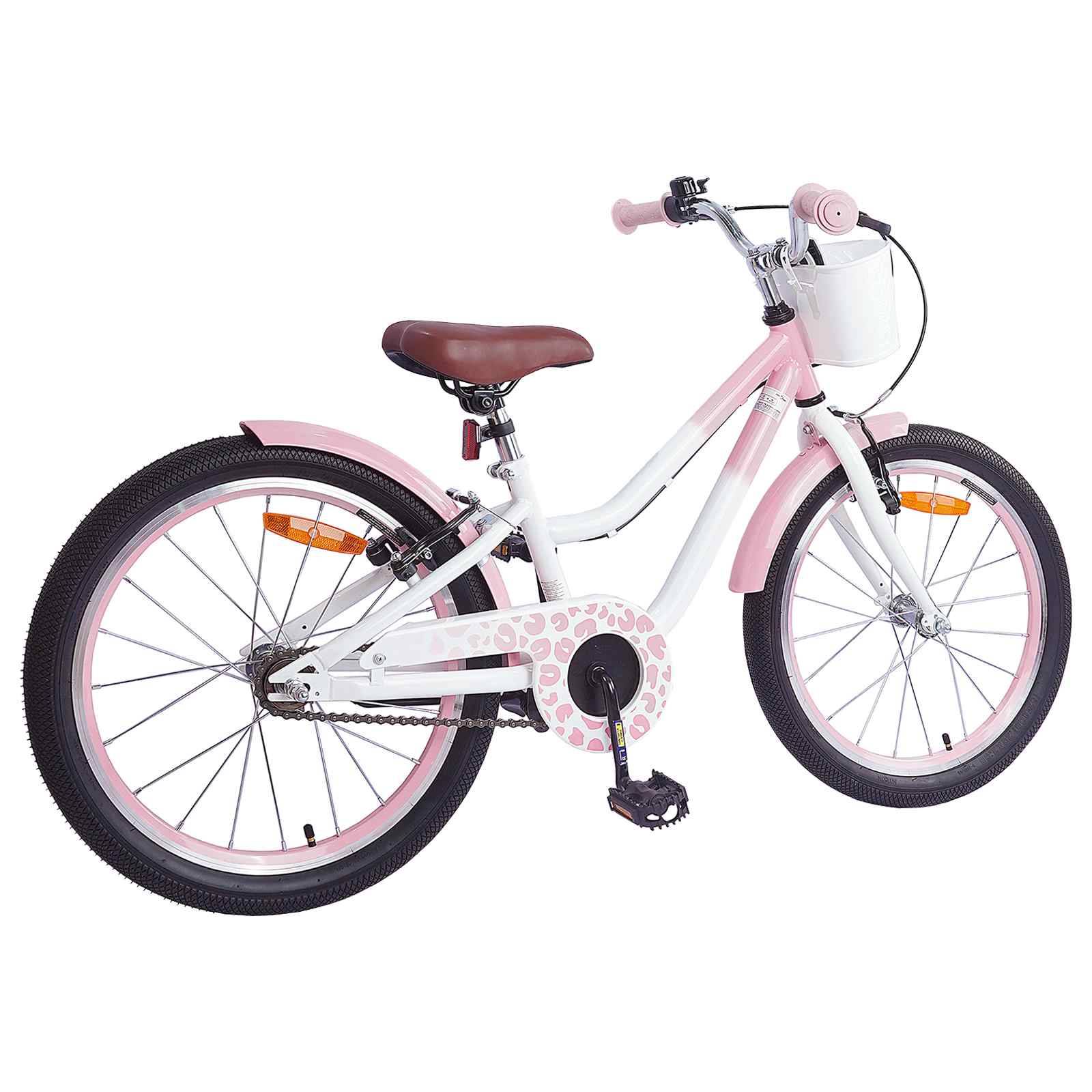 Ein weißes und rosa Kinderfahrrad mit einem Korb am Lenker, ausgestattet mit Stützrädern und einem gemusterten Schutzblech für die Kette.