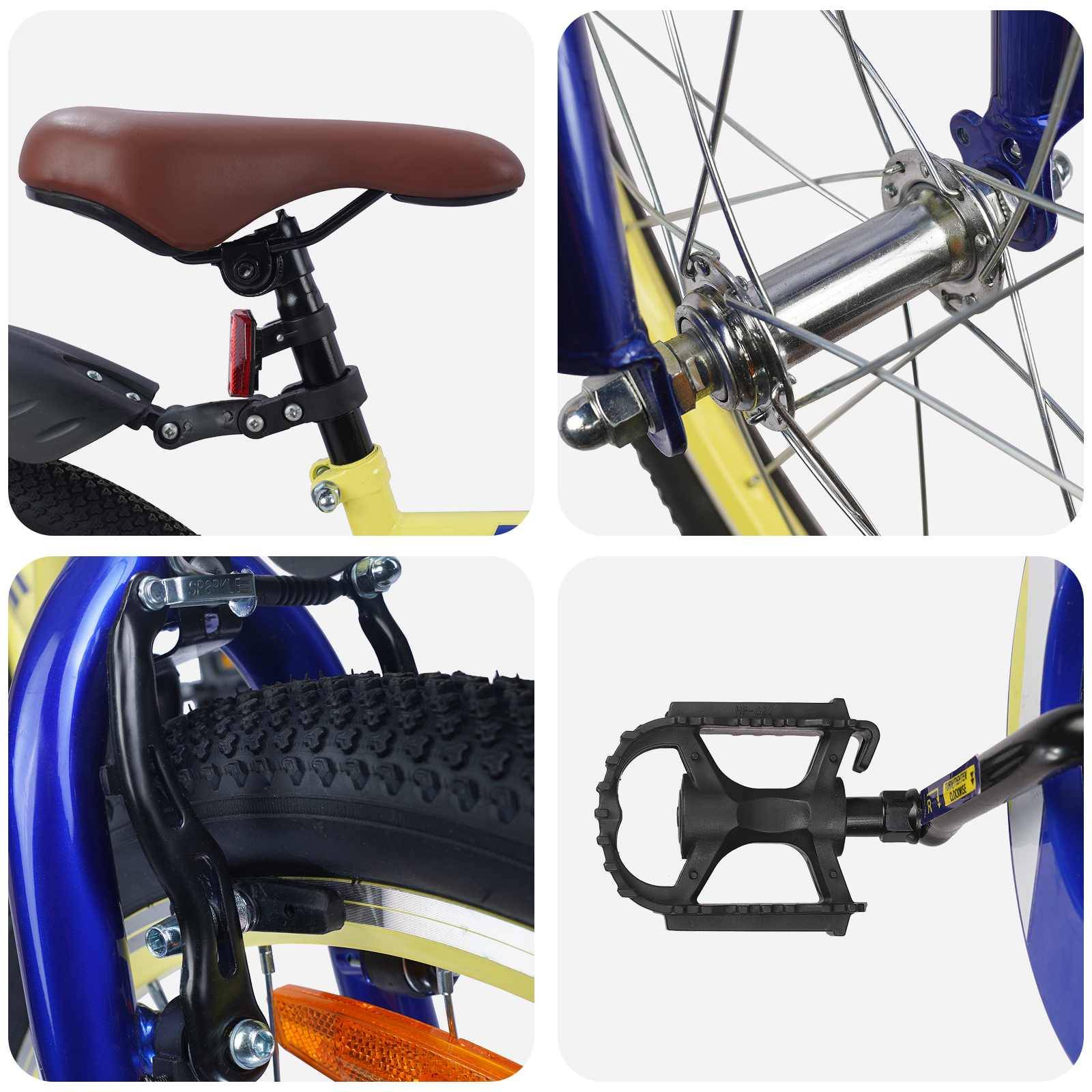 Vier Bilder, die Nahaufnahmen eines Fahrrads zeigen: einen braunen Sattel, eine Vorderradnabe, einen Reifen mit Bremsanlage und ein Pedal.