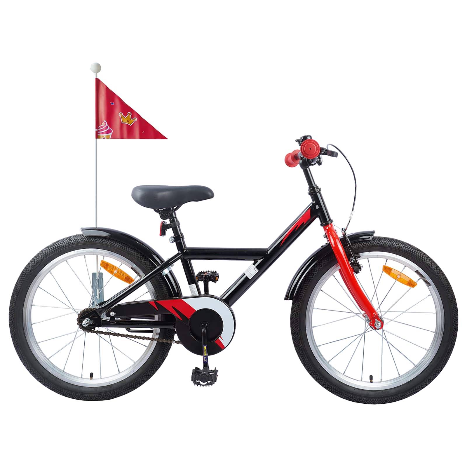Ein Kinderfahrrad in Schwarz und Rot mit einem Stützrad, einer Klingel und einer roten Fahne mit einer Kronen- und Wirbeldesign.