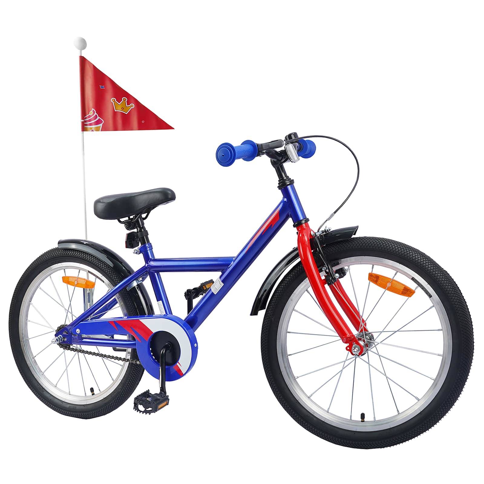 Ein blaues Kinderfahrrad mit Stützrädern, roter Gabel und Flagge. Es trägt ein Wappen mit Pokal und Krone auf der Flagge.