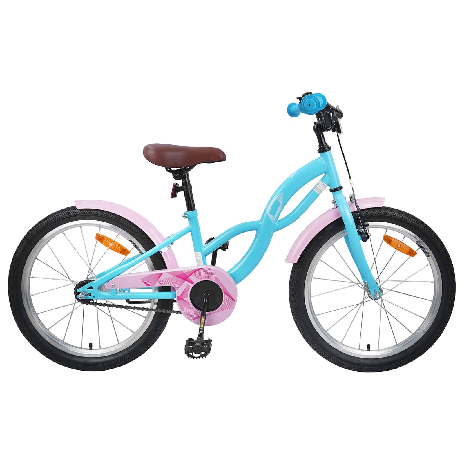 Ein blaues Kinderfahrrad mit rosa Akzenten, braunem Sattel und Stützrädern, entwickelt für Anfänger.
