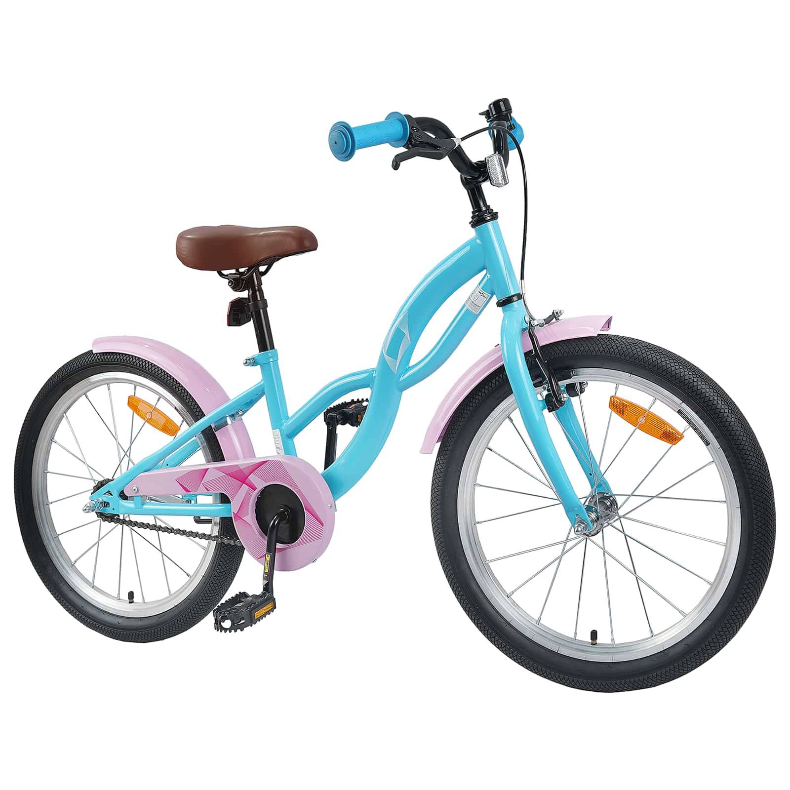 Ein blau-rosa Kinderfahrrad mit Stützrädern, braunem Sattel und schwarzen Reifen.