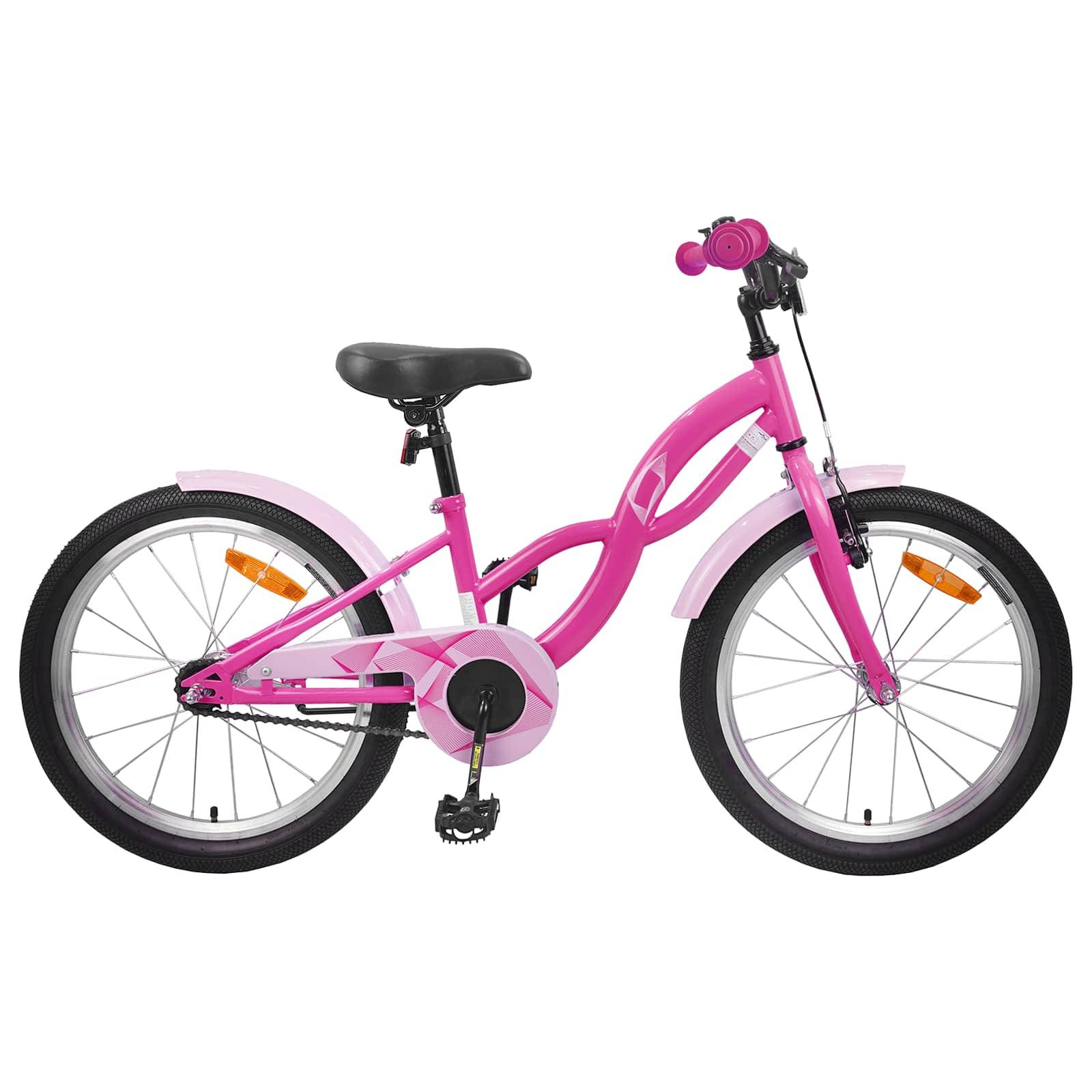 Ein rosa Kinderfahrrad mit einem schwarzen Sattel, schwarzen Reifen und lila Lenkstangen, geeignet für junge Fahrer.