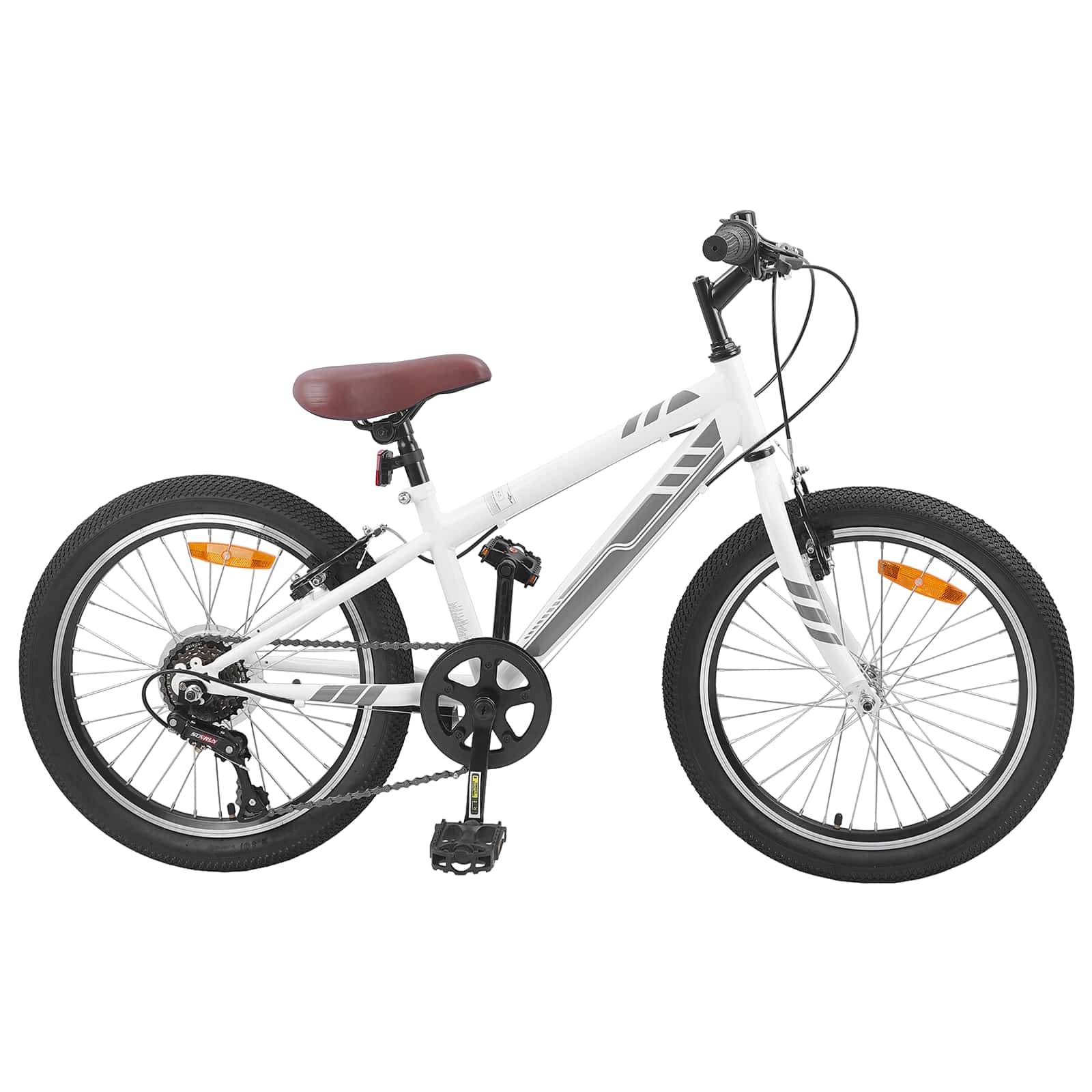Ein weißes Kinderfahrrad mit schwarzen Rädern, einem braunen Sattel und einem Kettenantrieb, geeignet für Kinder im Alter von 5-9 Jahren, vor einem einfarbigen Hintergrund.