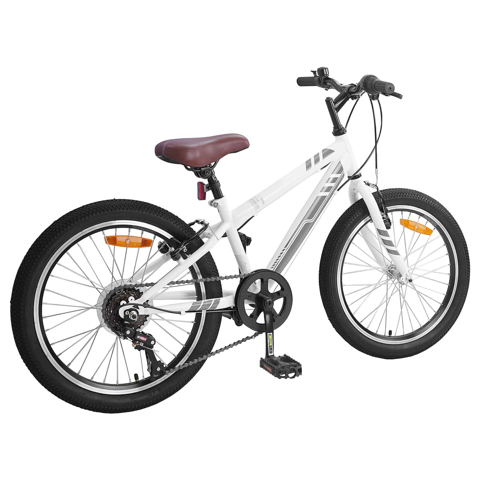 Ein weißes Kinderfahrrad mit 20-Zoll-Rädern, einem dunkelroten Sattel und schwarzen Lenkstangen, geeignet für Outdoor-Aktivitäten und das Erlernen des Fahrradfahrens.