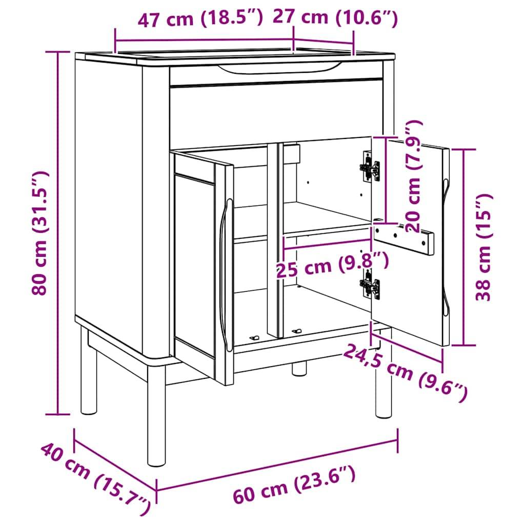 Eine Linienzeichnung eines Schranks mit offenen Türen, mit Abmessungen: Höhe 80 cm, Breite 60 cm, Tiefe 40 cm, mit zusätzlichen Innenmaßen.