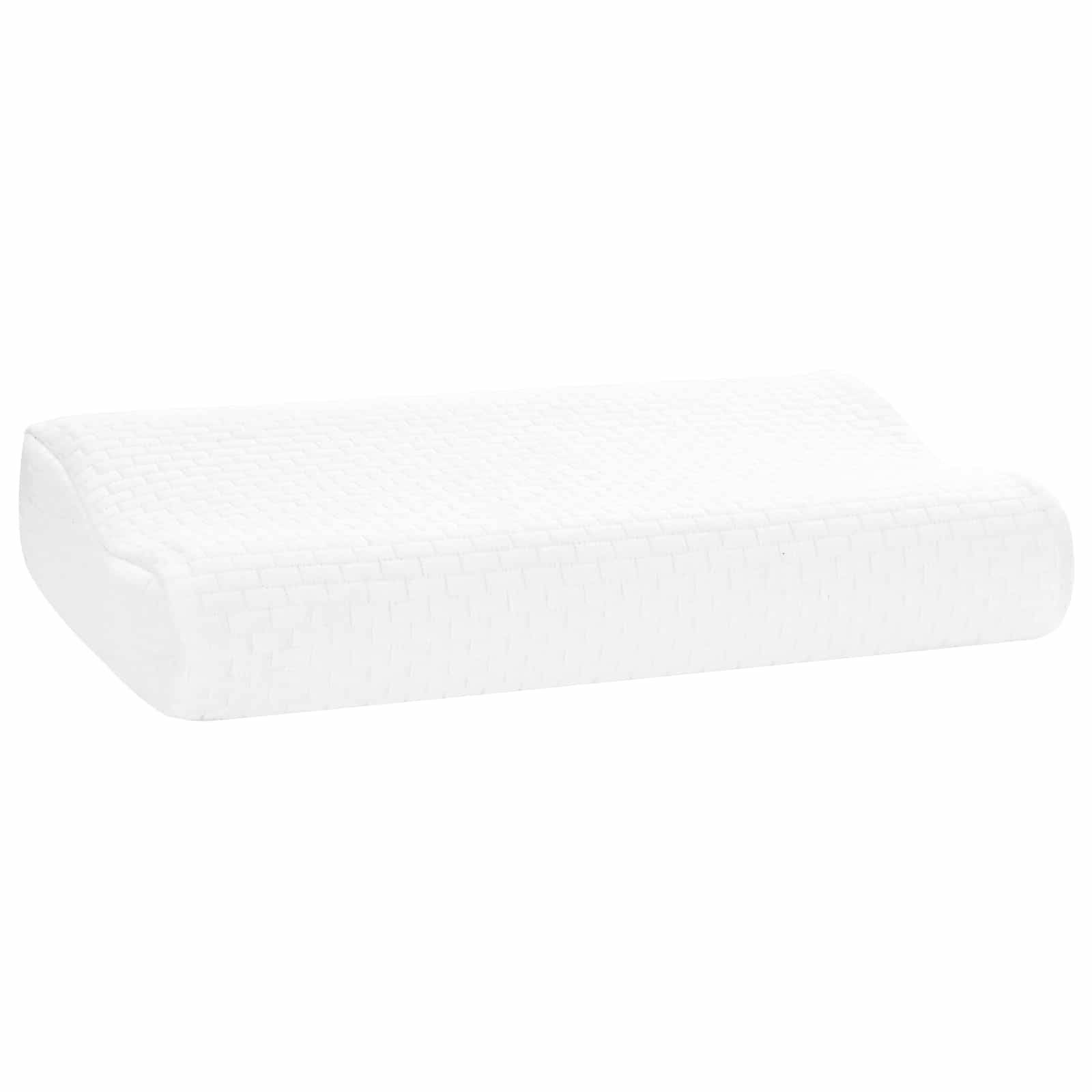 Ein weißes ergonomisches Memoryschaum-Kissen mit strukturierter Bezug, entwickelt zur Unterstützung der Nacken- und Kopfausrichtung für verbesserten Schlafkomfort.