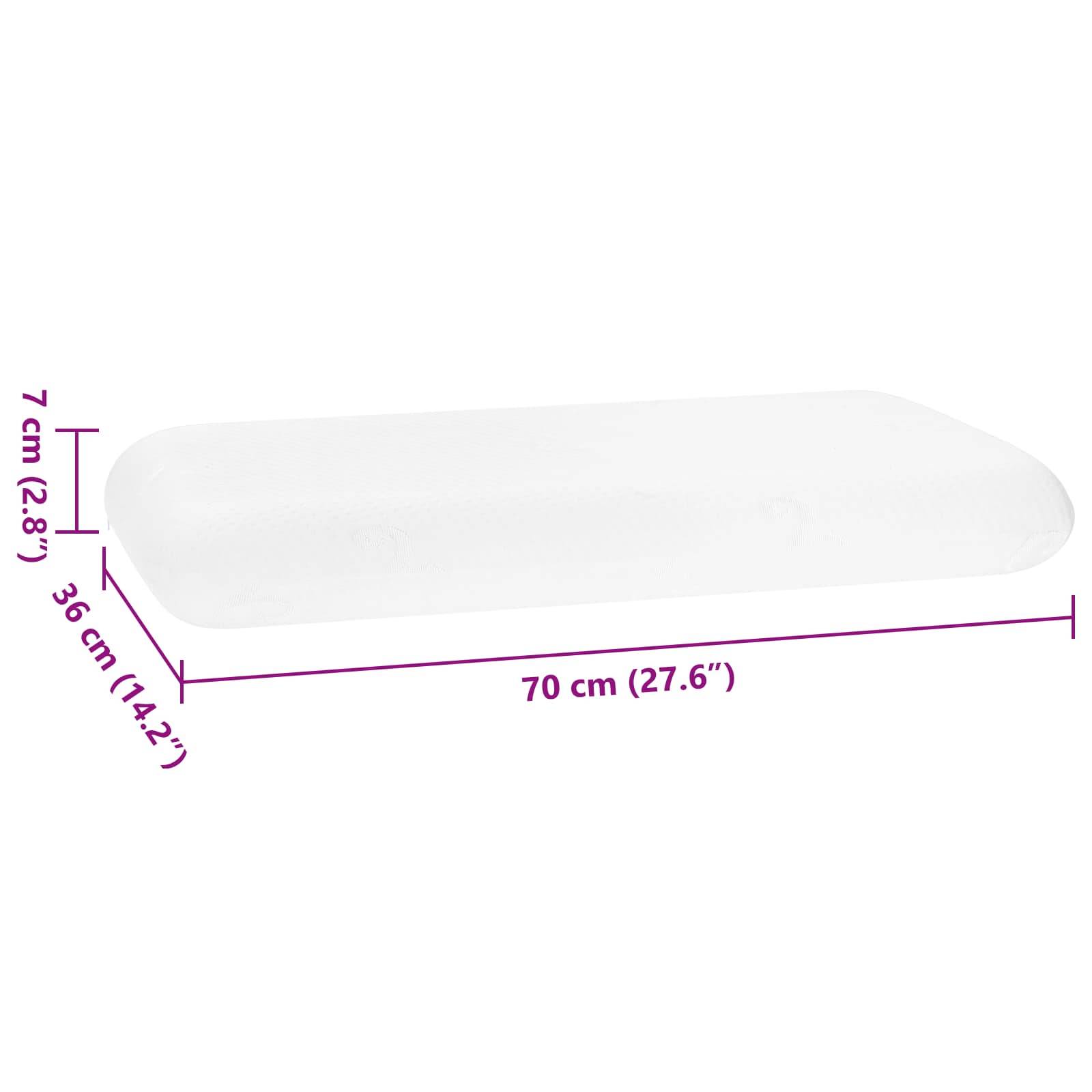 Weißer Matratzentopper mit einer Länge von 70 cm (27,6 Zoll), einer Breite von 36 cm (14,2 Zoll) und einer Höhe von 7 cm (2,8 Zoll).