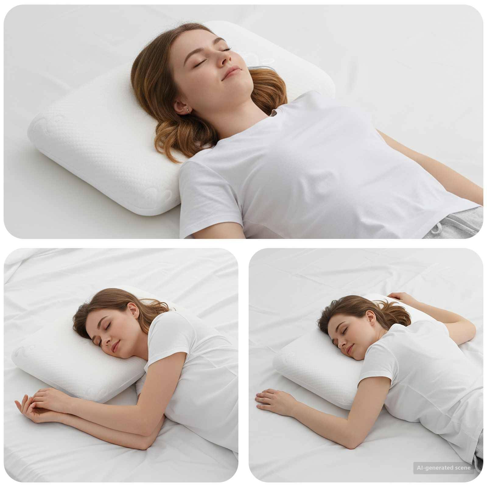 Eine Person liegt auf einem weißen Kissen in drei verschiedenen Schlafpositionen: auf dem Rücken, auf der Seite und auf dem Bauch, alles auf einem weißen Bett.