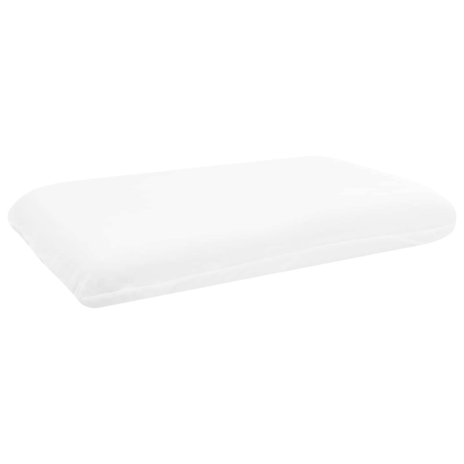Ein schlichtes weißes Memory-Foam-Kissen mit glatter, rechteckiger Form vor einem weißen Hintergrund.