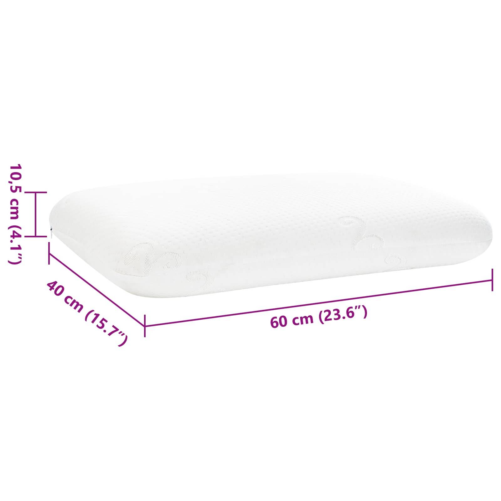 Ein weißes Kissen mit den Maßen: 10,5 cm hoch, 40 cm breit, 60 cm lang, dargestellt mit Messungen in lila Text neben dem Kissen.