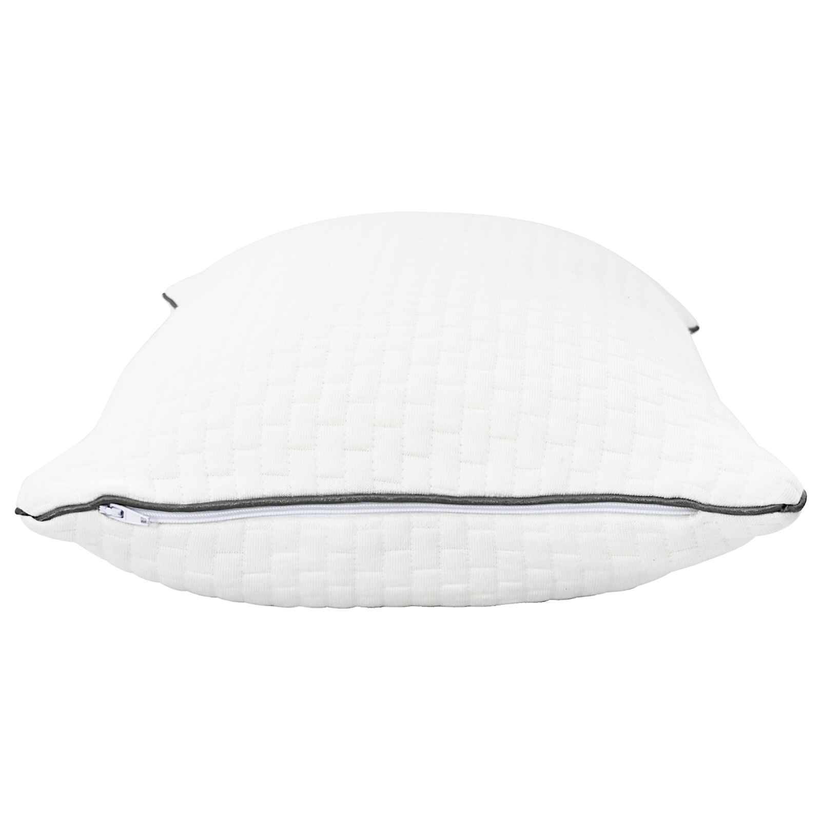 Weißes Kissen mit strukturierter Oberfläche und sichtbarem grauem Reißverschluss an der Seite, von vorne betrachtet.