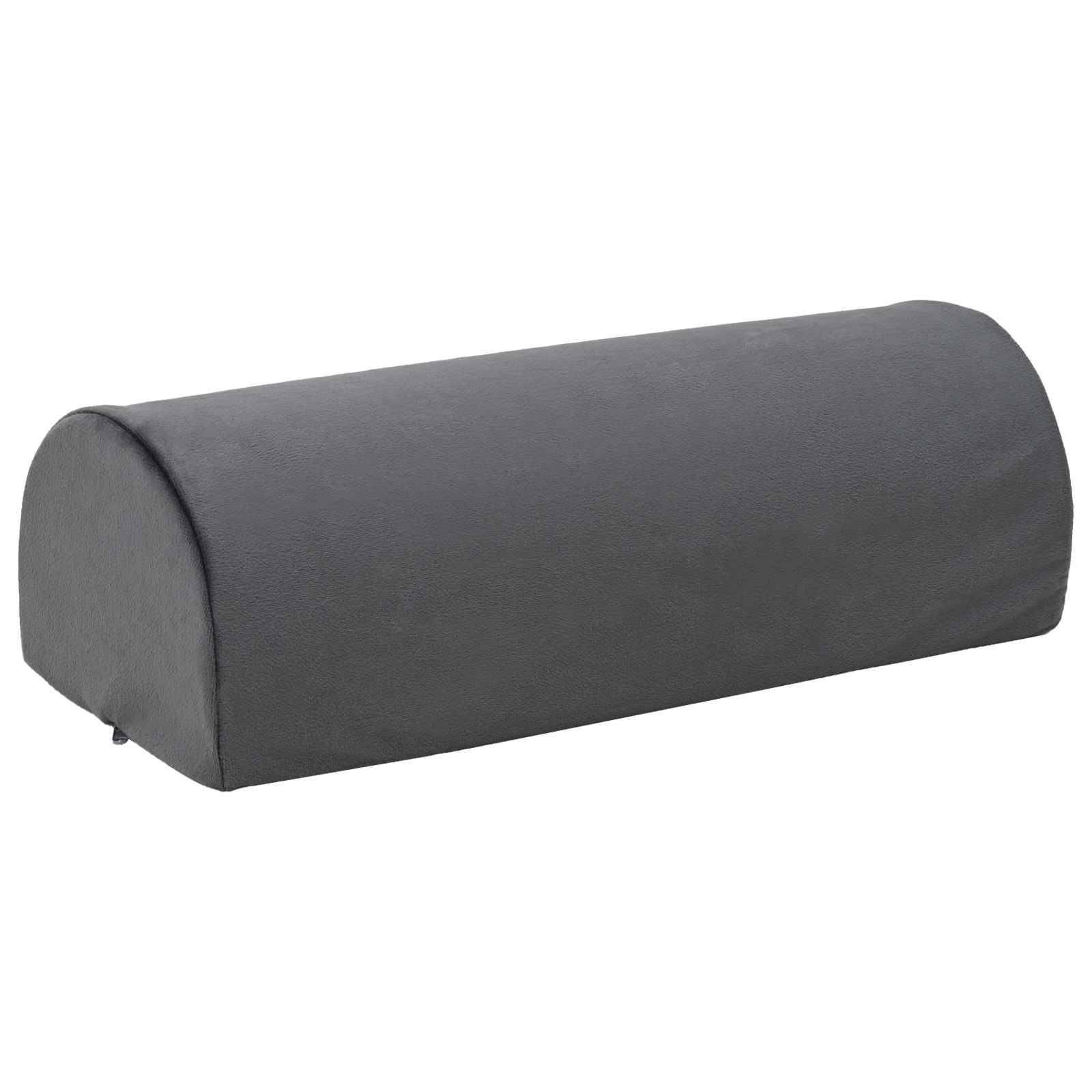 Ein graues, halbzylindrisches Stützkissen, das vor einem weißen Hintergrund präsentiert wird und für Unterstützung und Komfort ausgelegt ist.