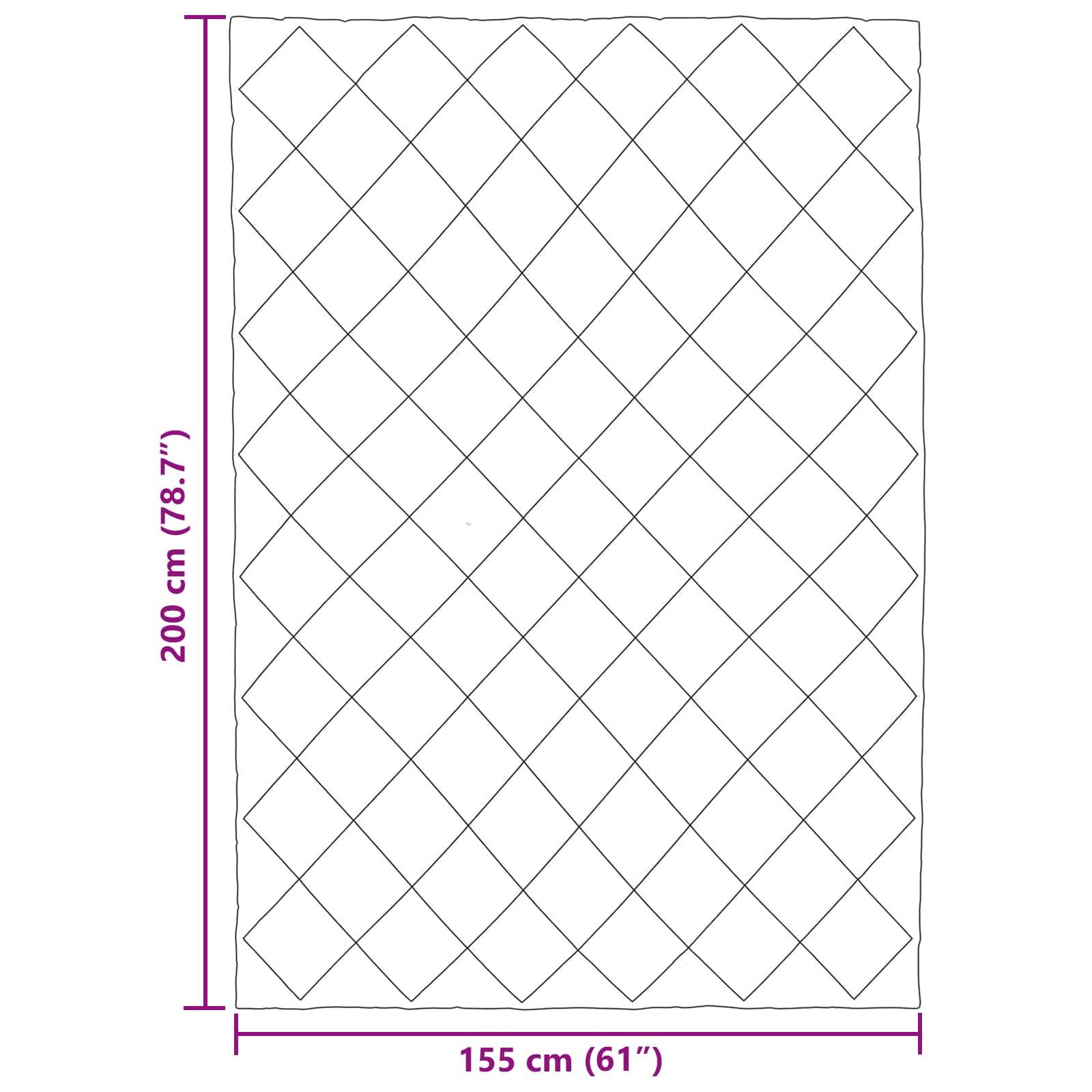 Eine rechteckige Steppdecke mit Maßen von 200 cm x 155 cm, die ein Rautenmuster aufweist. Die Abmessungen werden auch als 78,7 Zoll x 61 Zoll angegeben.