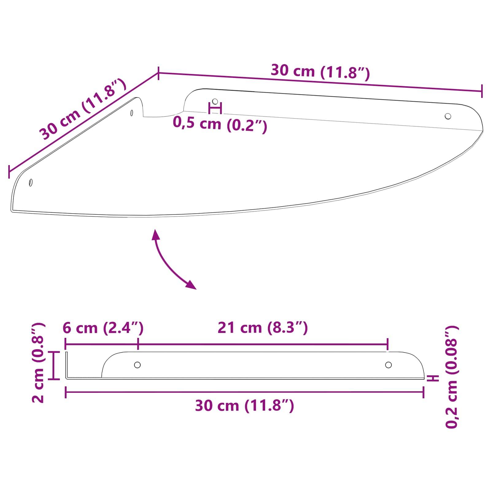Eine Skizze eines wandmontierten Regals mit Abmessungen: 30 cm (Breite) x 21 cm (Tiefe) x 0,2 cm (Dicke), gekennzeichnet auf einer 2 cm starken Halterung.