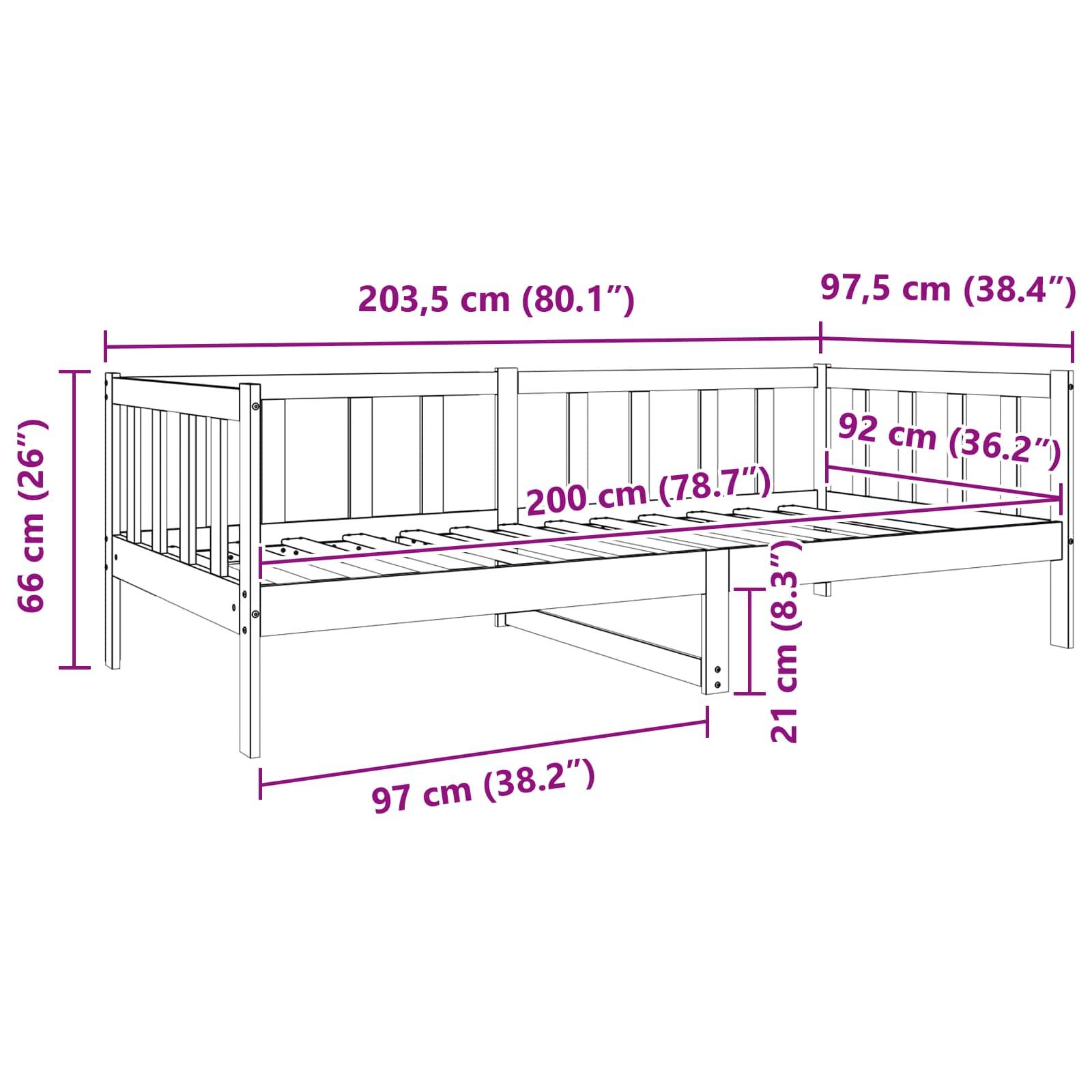 Tagesbett-Rahmendimensionen: Länge 203,5 cm (80,1