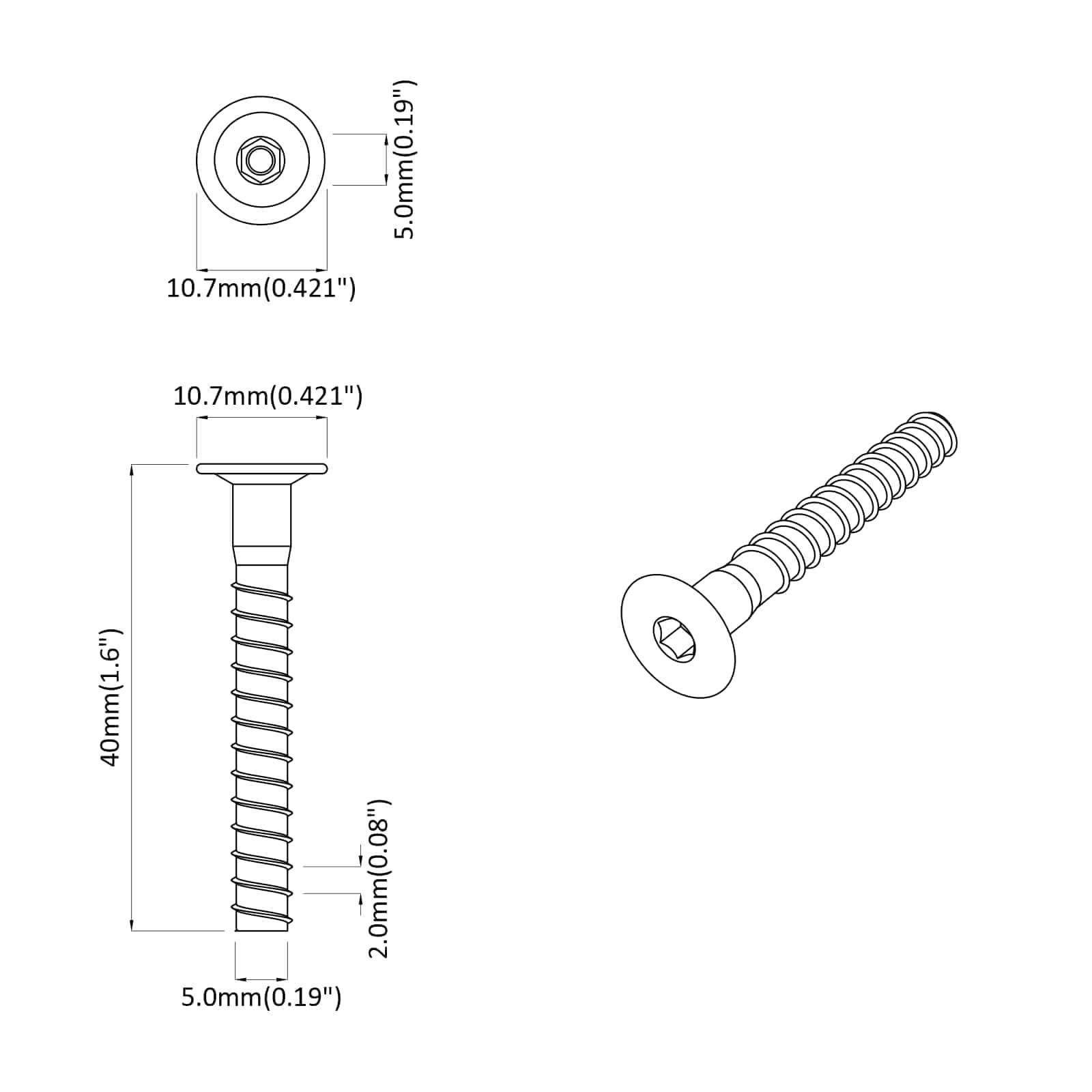 Technische Zeichnung einer Schraube mit Abmessungen: Länge 40 mm (1,61