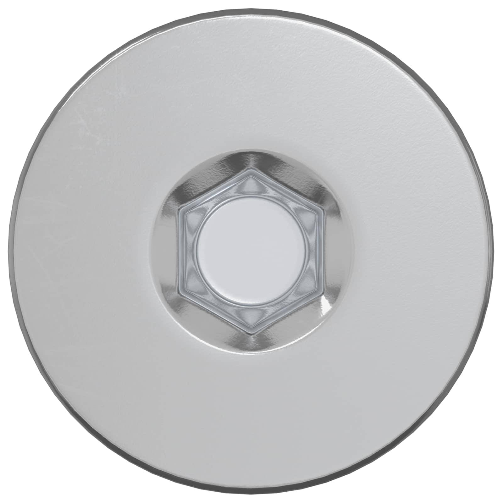 Ein rundes durchsichtiges Deckel mit einem zentralen metallischen sechseckigen Muttermutterdesign von oben betrachtet.