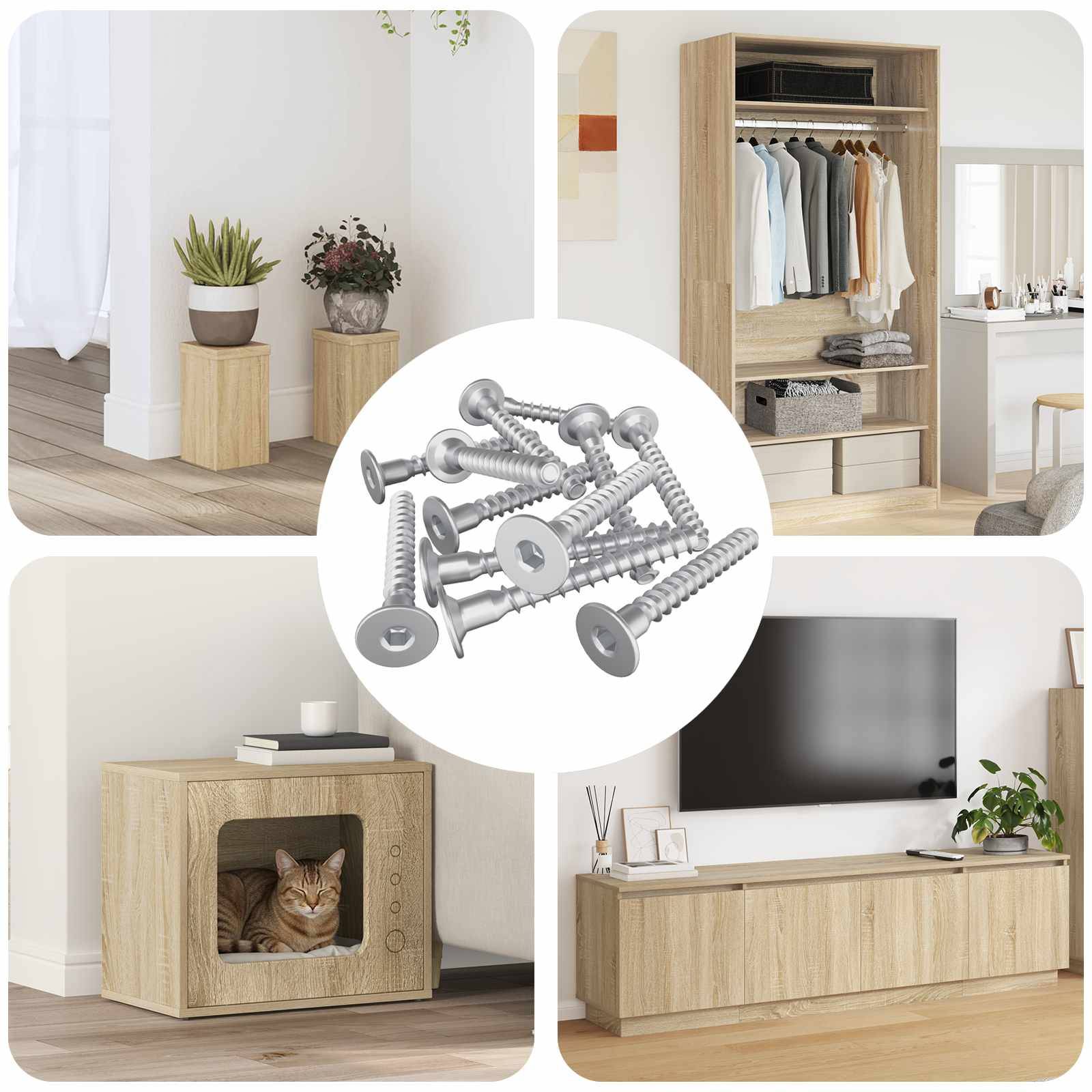 Eine Collage mit verschiedenen Arten von Möbeln aus Holz in einer Wohnumgebung, einschließlich eines Kleiderschranks, eines Fernsehstands, eines Beistelltisches und eines Schranks. Ein zentrales Bild von Schrauben deutet darauf hin, dass eine Montage erforderlich ist.