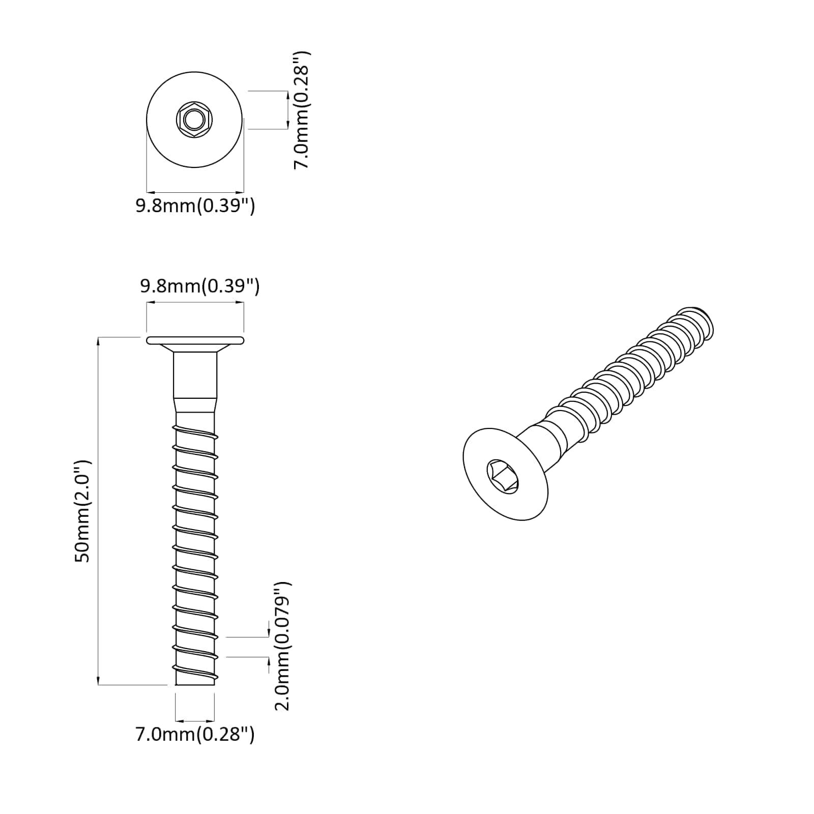 Technische Linienzeichnung mit Maßangaben einer Schraube, beschriftet mit Abmessungen: Kopfdurchmesser 9,8 mm, Länge 50 mm und Gewindedurchmesser 7,0 mm.