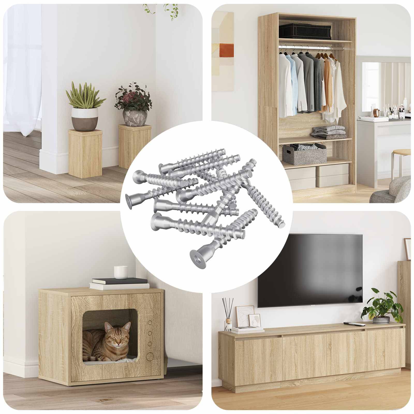 Vier-Zimmer-Innenkollage: oben mit Topfpflanze auf Holzbestuhlung, offener Kleiderschrank mit Kleidung, Haustiernische mit Katze und Fernseher auf Ständer. Zentrale Schraubengrafik.