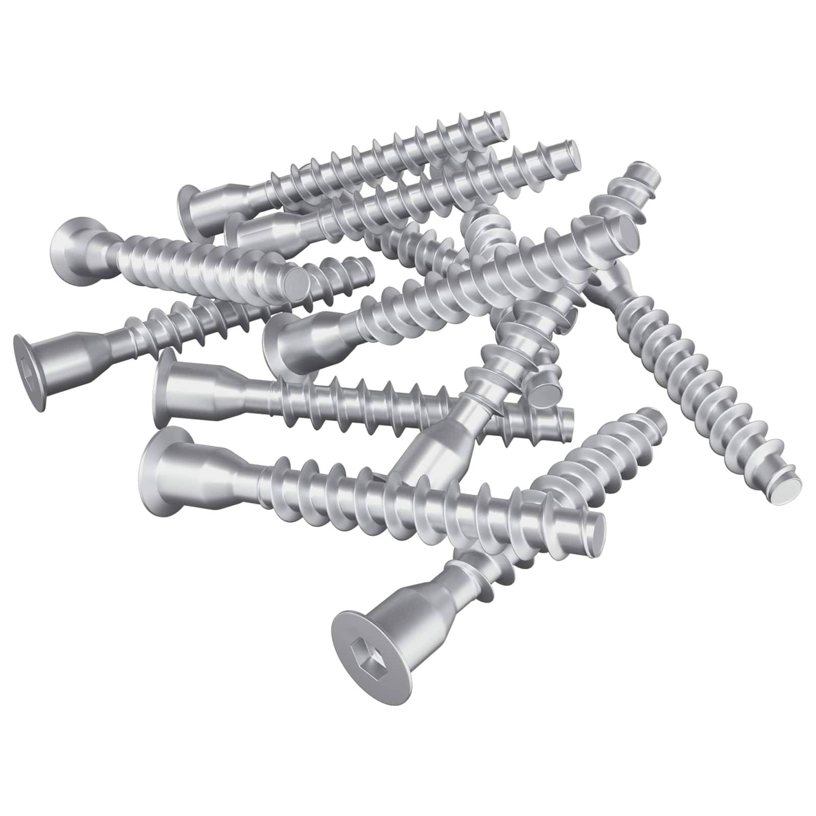 Eine Gruppe von silbernen Schrauben mit flachen Köpfen und Spiralgewinden, die in einem verstreuten Haufen angeordnet sind.