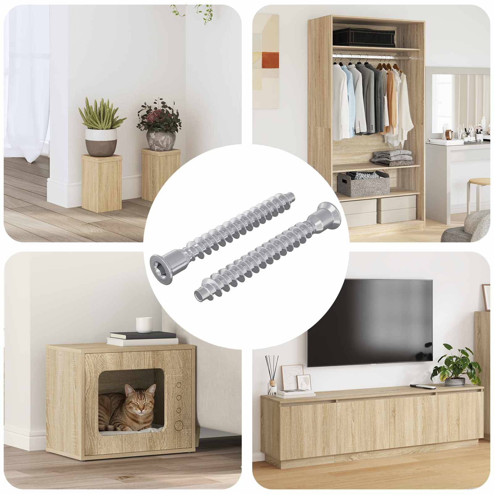 Eine Bildmontage von Wohnungseinrichtungen mit Möbelanordnungen und einem zentralen Bild von zwei Schrauben, das Assembly- oder Installationszwecke andeutet.