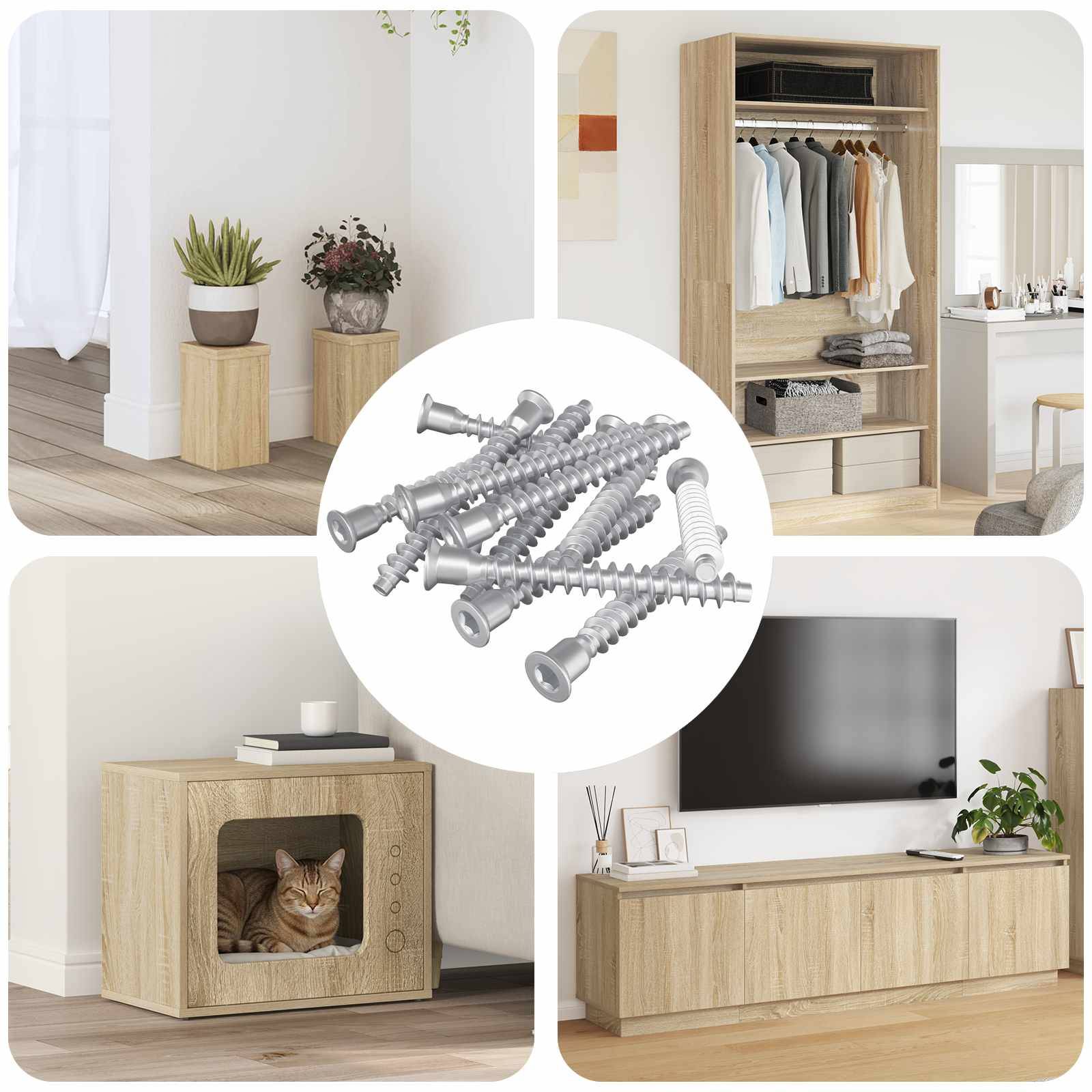 Vier Bilder eines Wohnungsinteriors zeigen ein Möbelset in hellem Holzton, bestehend aus einem Kleiderschrank, einer TV-Kommode, einem Beistelltisch mit Pflanzen und einer Katzenhöhle. Ein zentraler Kreis zeigt Befestigungsschrauben.