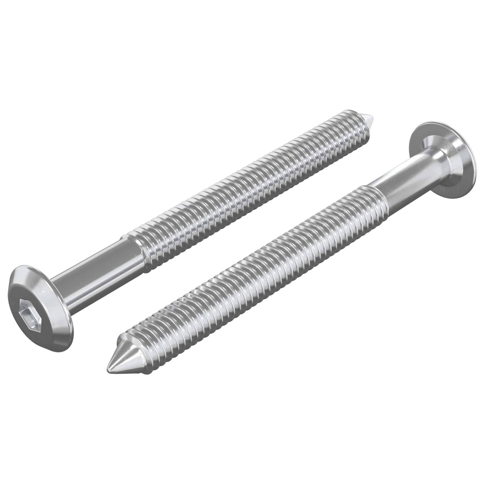 Zwei Metallgewindeschrauben mit zylindrischer Form, flachen Sechskant-Innensechskantköpfen und spitzen Spitzen, nebeneinander auf weißem Hintergrund dargestellt.