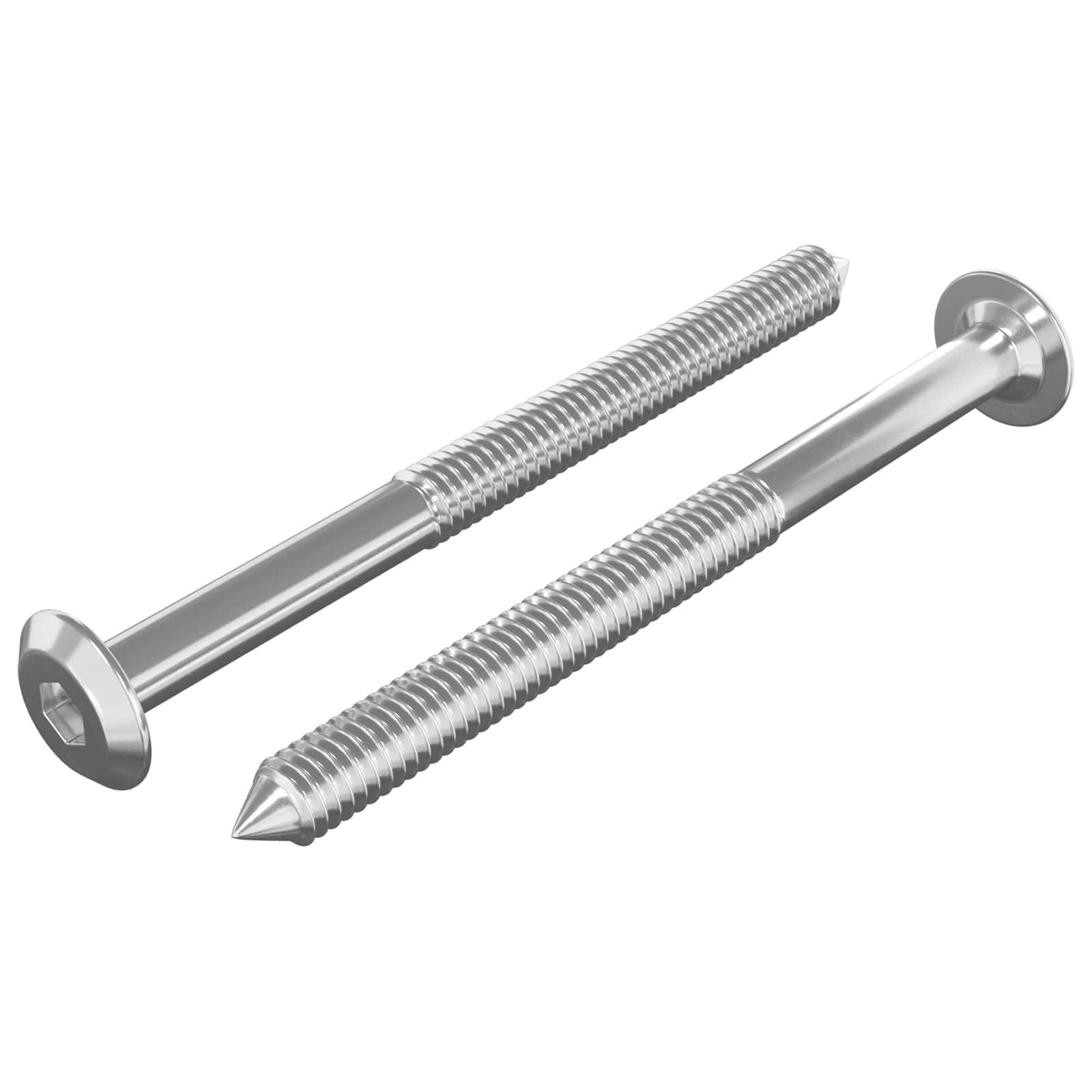 Zwei Metallschrauben auf weißem Hintergrund, eine mit einer spitzen Spitze und die andere mit einem flachen Ende, beide mit Gewinde entlang ihrer Schäfte.