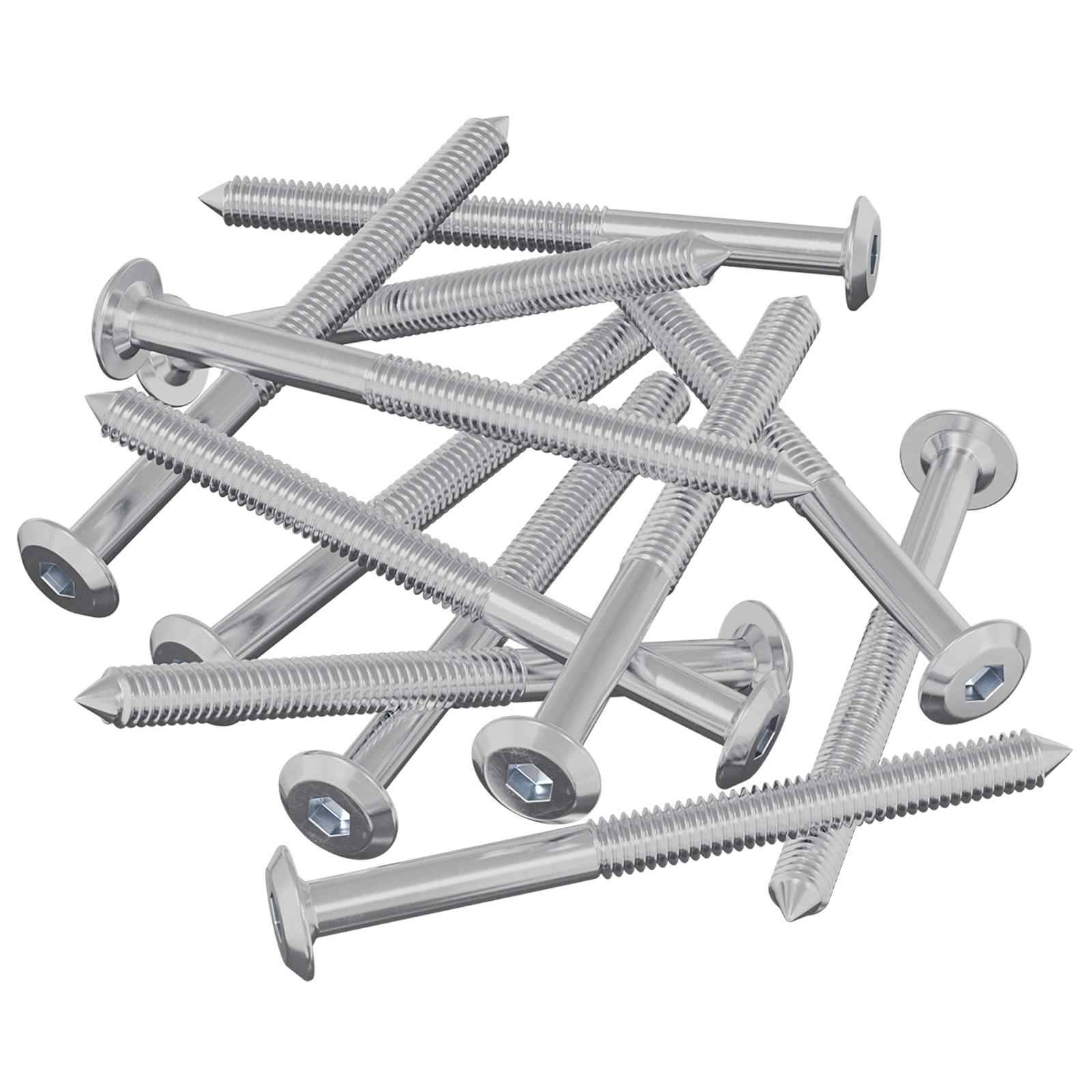 Ein Haufen silberner metallischer Schrauben mit flachen Köpfen, verstreut auf einer weißen Oberfläche.