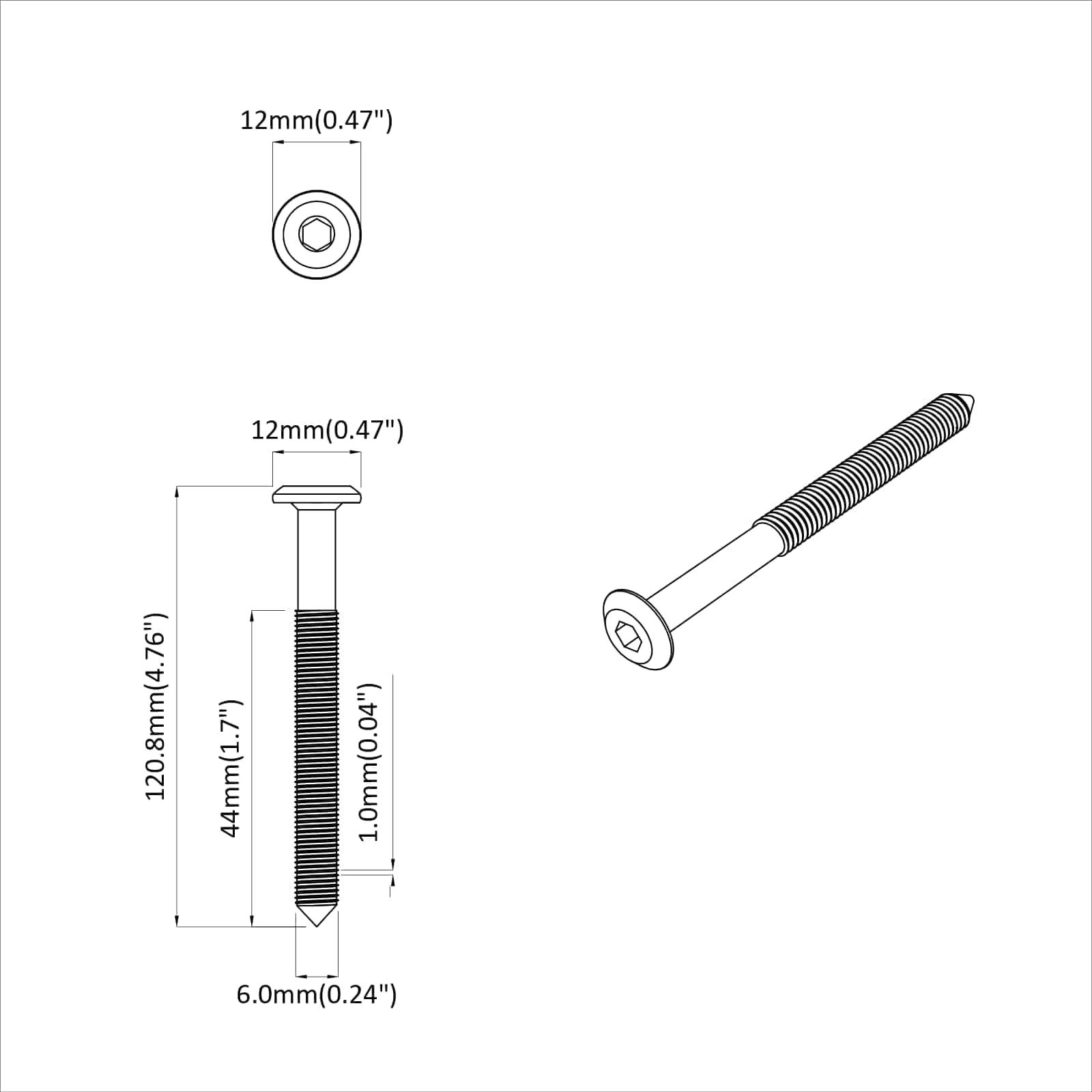 Illustration einer Schraube mit Abmessungen: Länge 120,8 mm, Kopfdurchmesser 12 mm. Der Gewindelbereich ist 44 mm lang, 6 mm breiter Schaft.