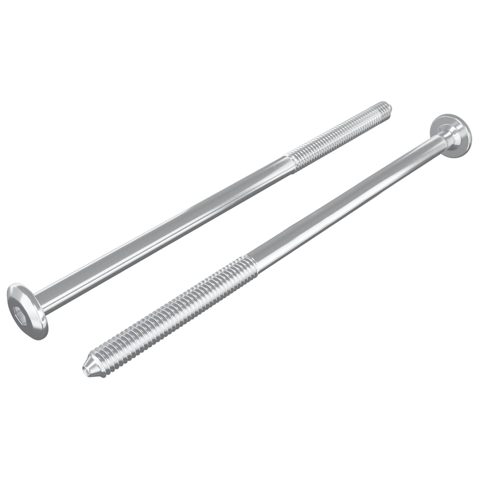 Zwei glänzende Metallbolzen mit flachen kreisrunden Köpfen, einer mit kompletter Gewindebohrung und der andere mit teilweiser Gewindebohrung, auf einem einfarbigen Hintergrund.