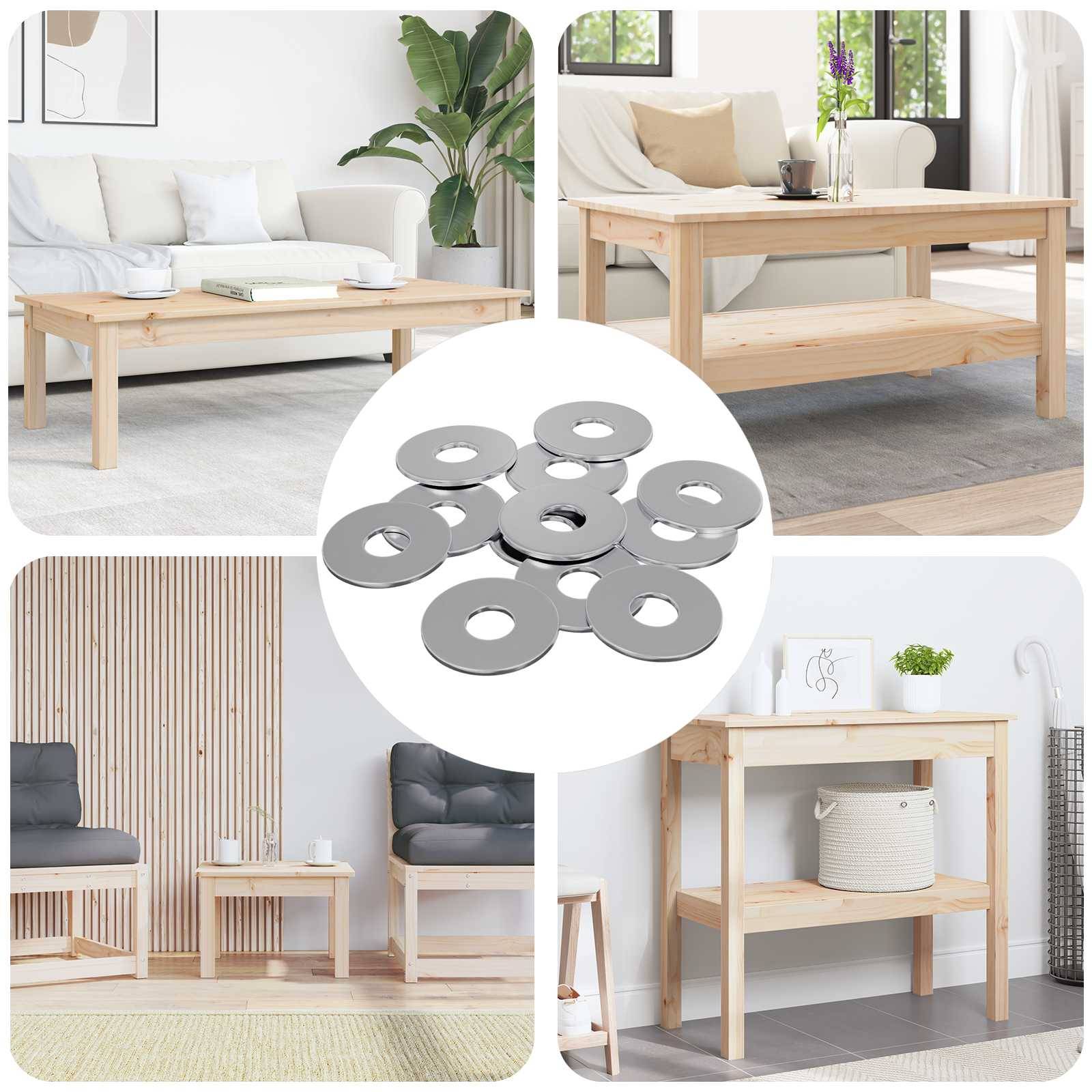 Collage von Wohnzimmern mit Holztischen: ein runder Couchtisch, ein rechteckiger Couchtisch, ein Konsolentisch mit Pflanzen und ein Beistelltisch. Ein zentrales Bild zeigt Metallunterlegscheiben.