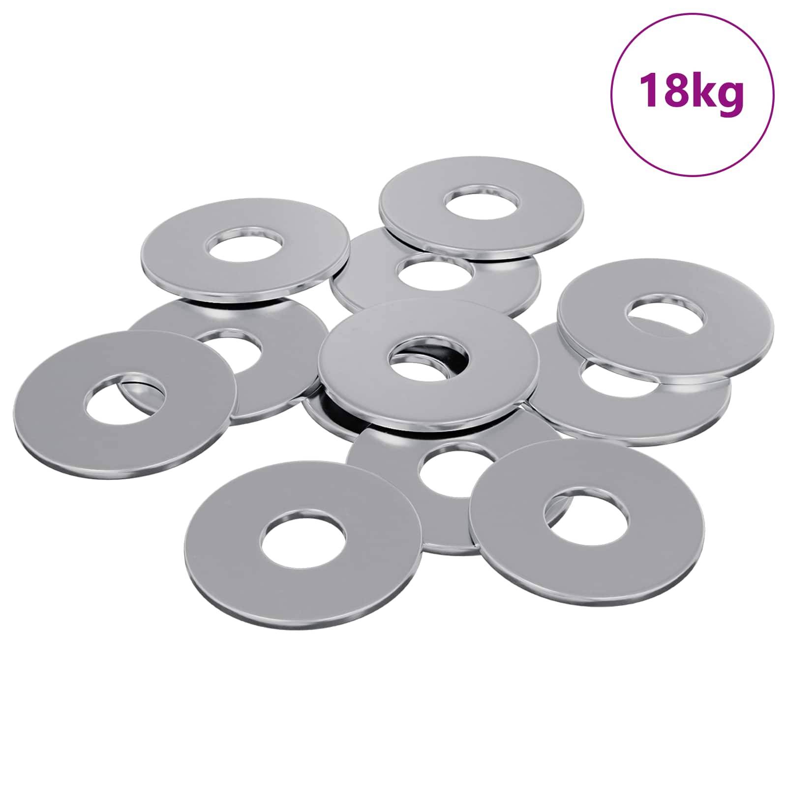 Zehn Chrom-Gewichtsscheiben zusammengestapelt, mit einem Gesamtgewicht von 18 kg. Die Platten verfügen über zentrale Löcher für einfaches Anbringen an einer Langhantel.