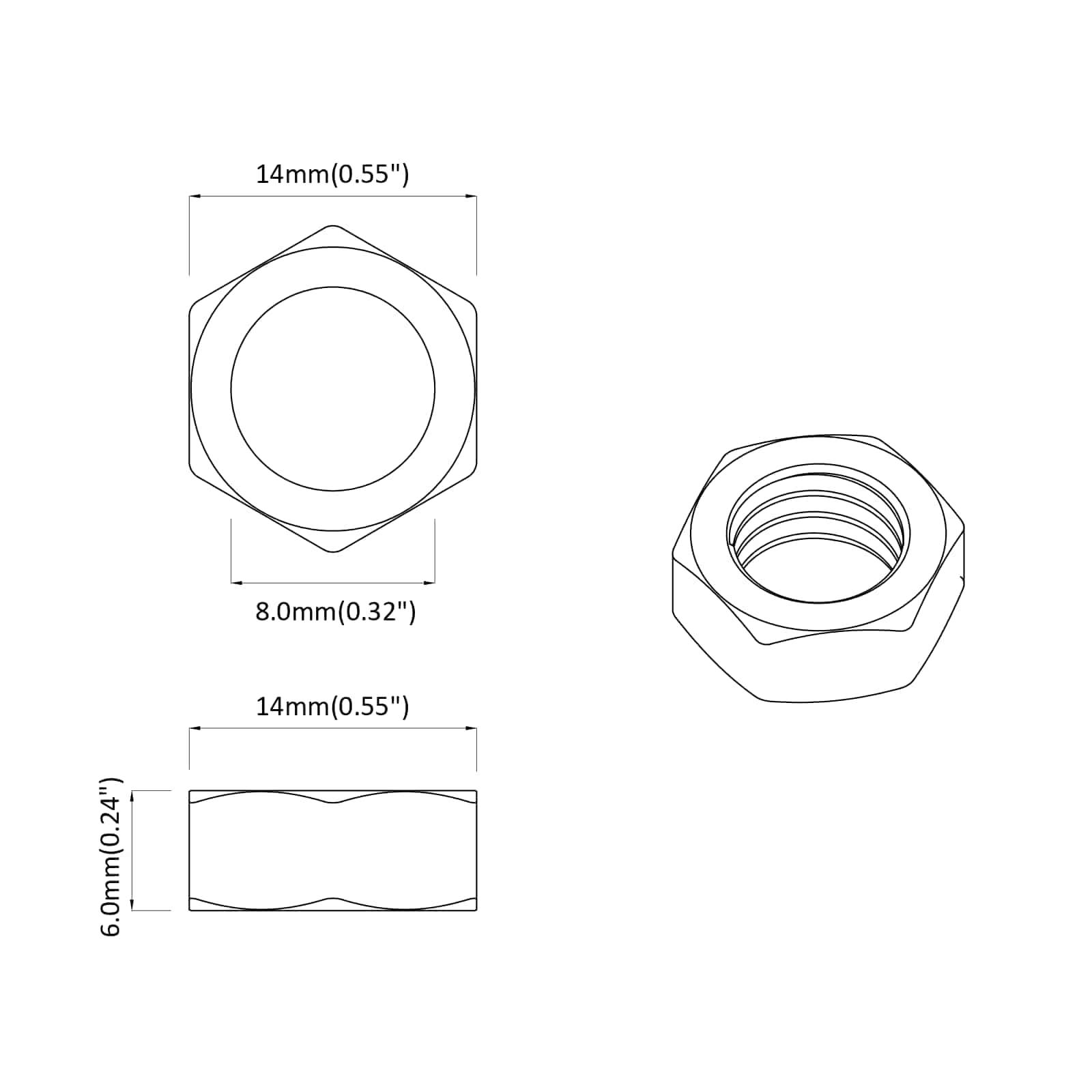 Diagramm einer Sechskantmutter mit Abmessungen: Durchmesser 14 mm (0,55 Zoll), Höhe 6 mm (0,24 Zoll), Innendurchmesser 8 mm (0,32 Zoll).