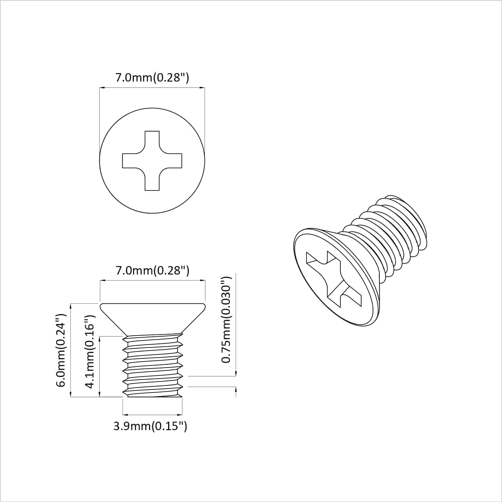 Kreuzschlitzschraube (Phillips-Kopf) technische Zeichnung mit Ansichten von oben, der Seite und in einem Winkel, inklusive Abmessungen, mit Durchmesser und Länge in Millimetern.