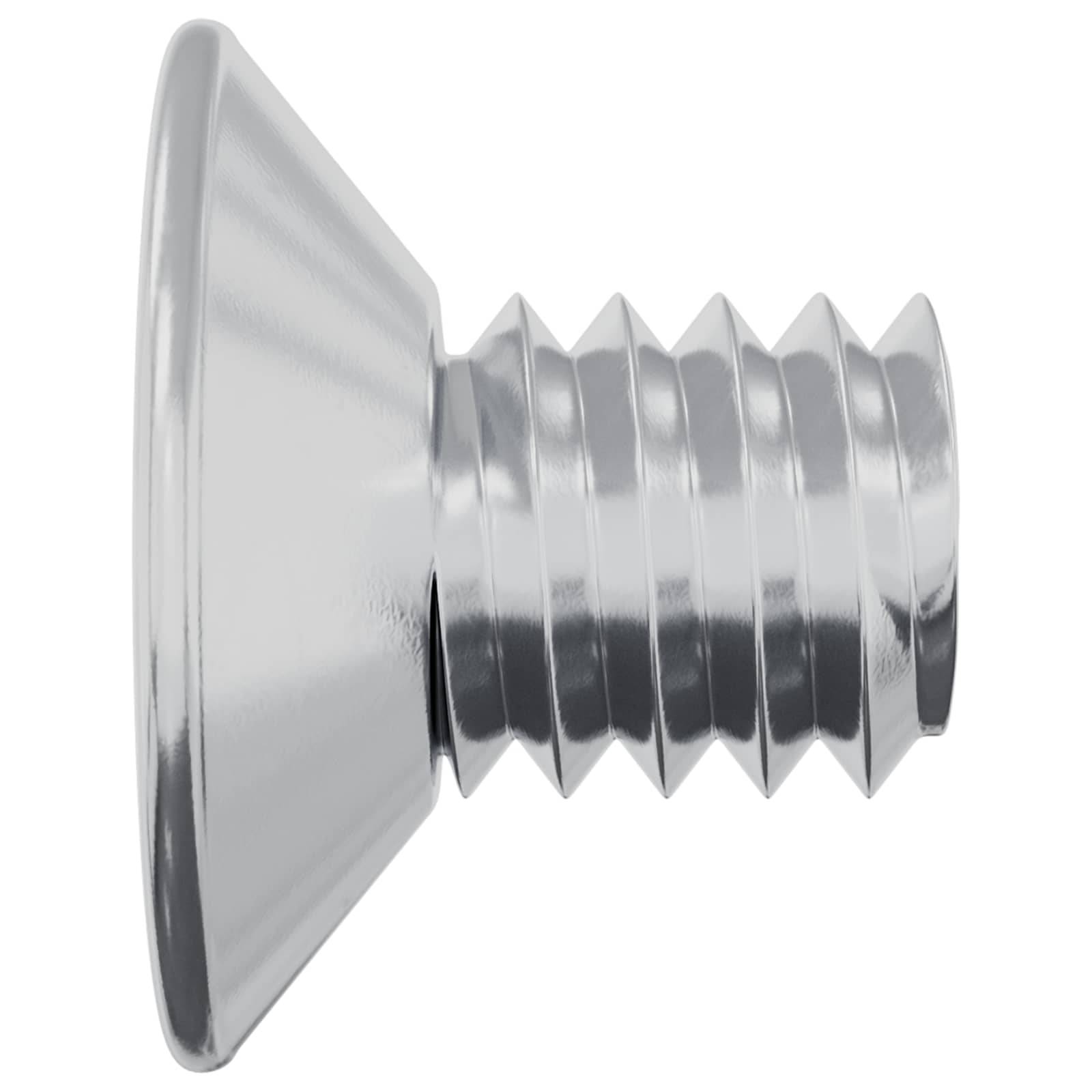 Eine Nahaufnahme einer Metallschraube mit einem breiten, flachen Kopf und einem glänzend polierten, gerillten Gewindelauf.