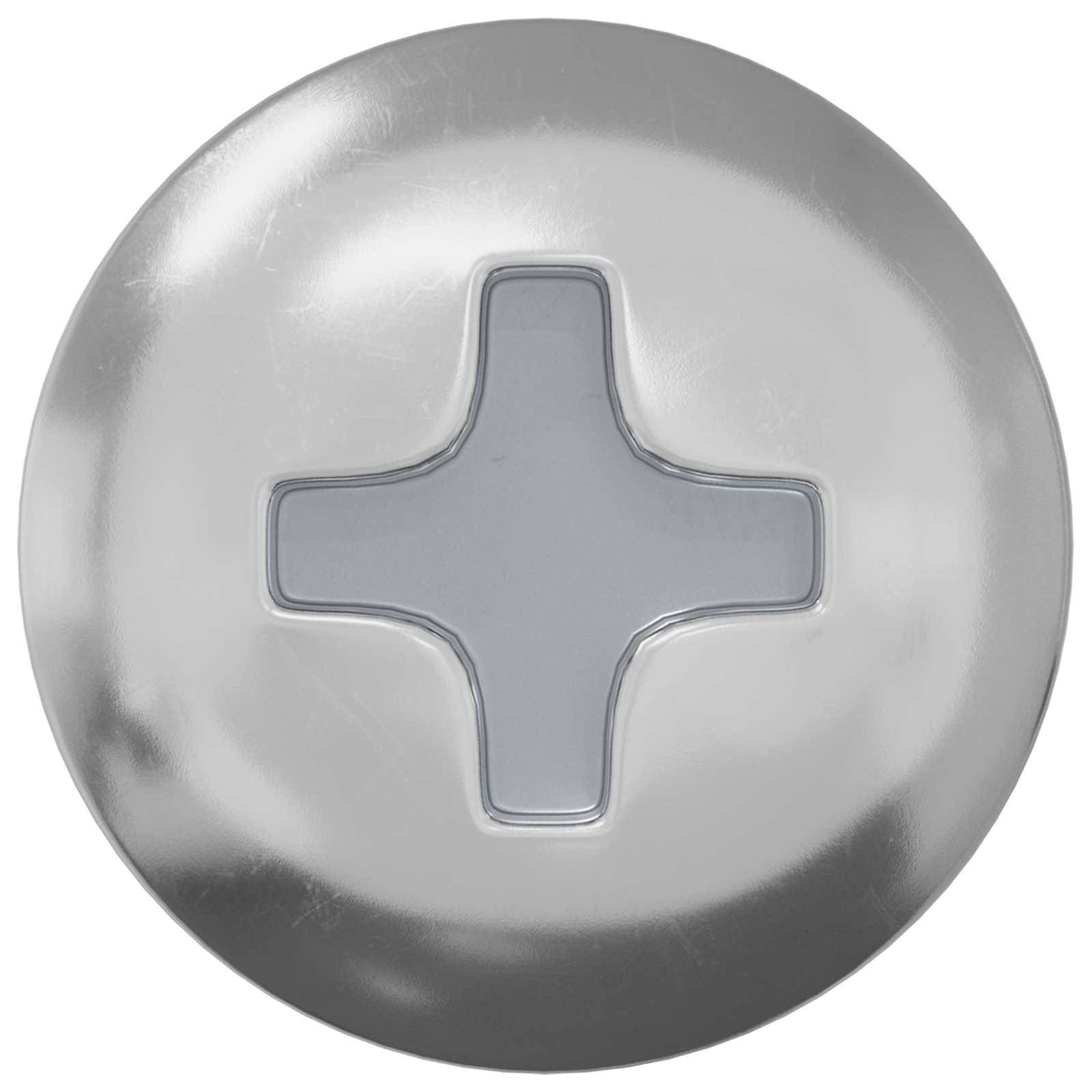 Ein kreisförmiger metallischer Gegenstand mit einem zentralen Kreuzdesign, ähnlich einem Schraubenkopf.
