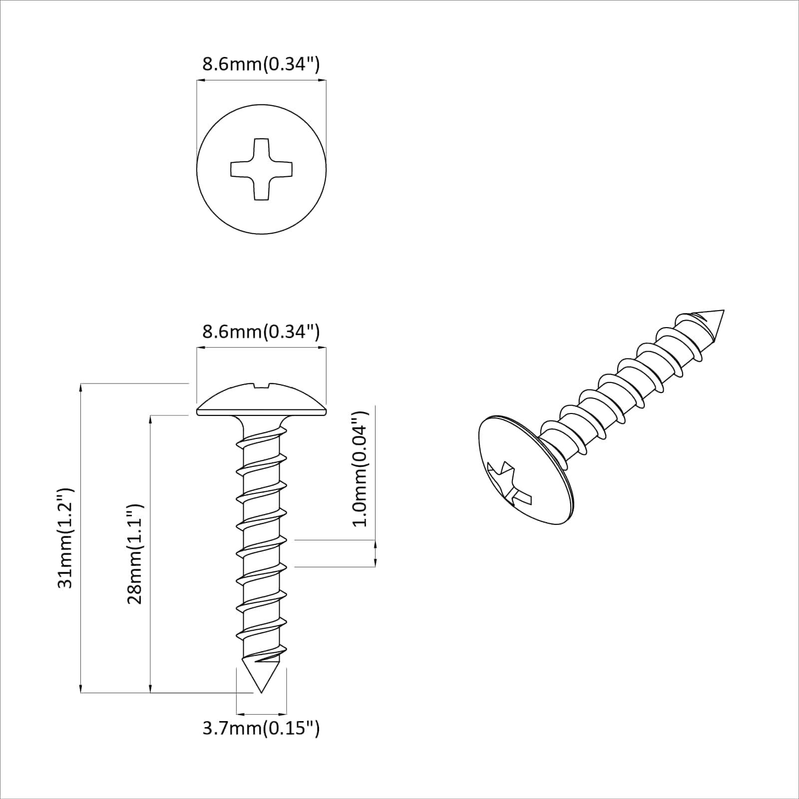Technische Zeichnung einer Schraube mit Phillips-Kopf. Abmessungen umfassen 8,6 mm Kopfdurchmesser, 31 mm Länge und 3,7 mm Schaftdurchmesser.