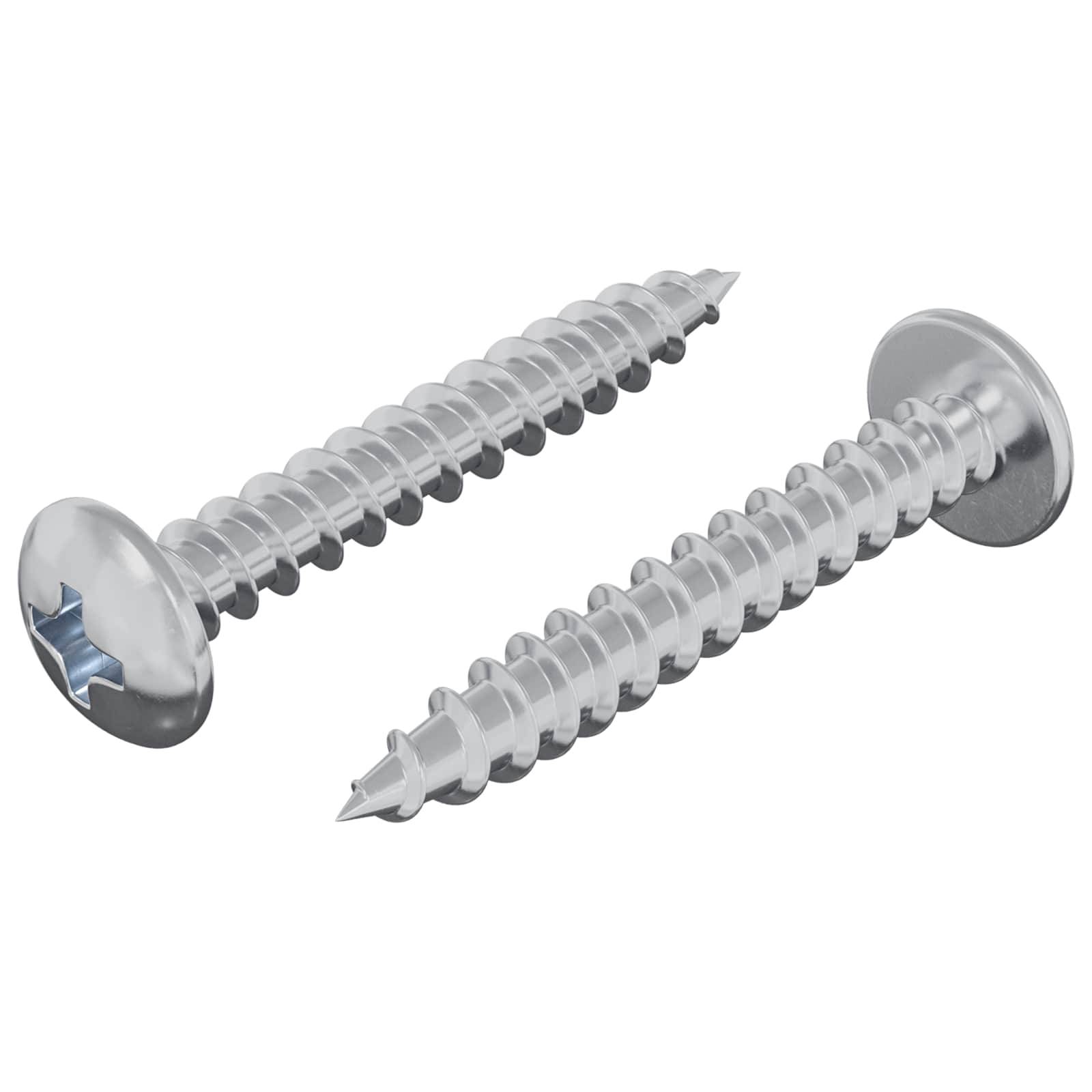 Zwei Metallschrauben mit spitzen Enden und Kreuzschliff-Köpfen, aus verschiedenen Blickwinkeln aufgenommen, vor einem einfarbigen Hintergrund.