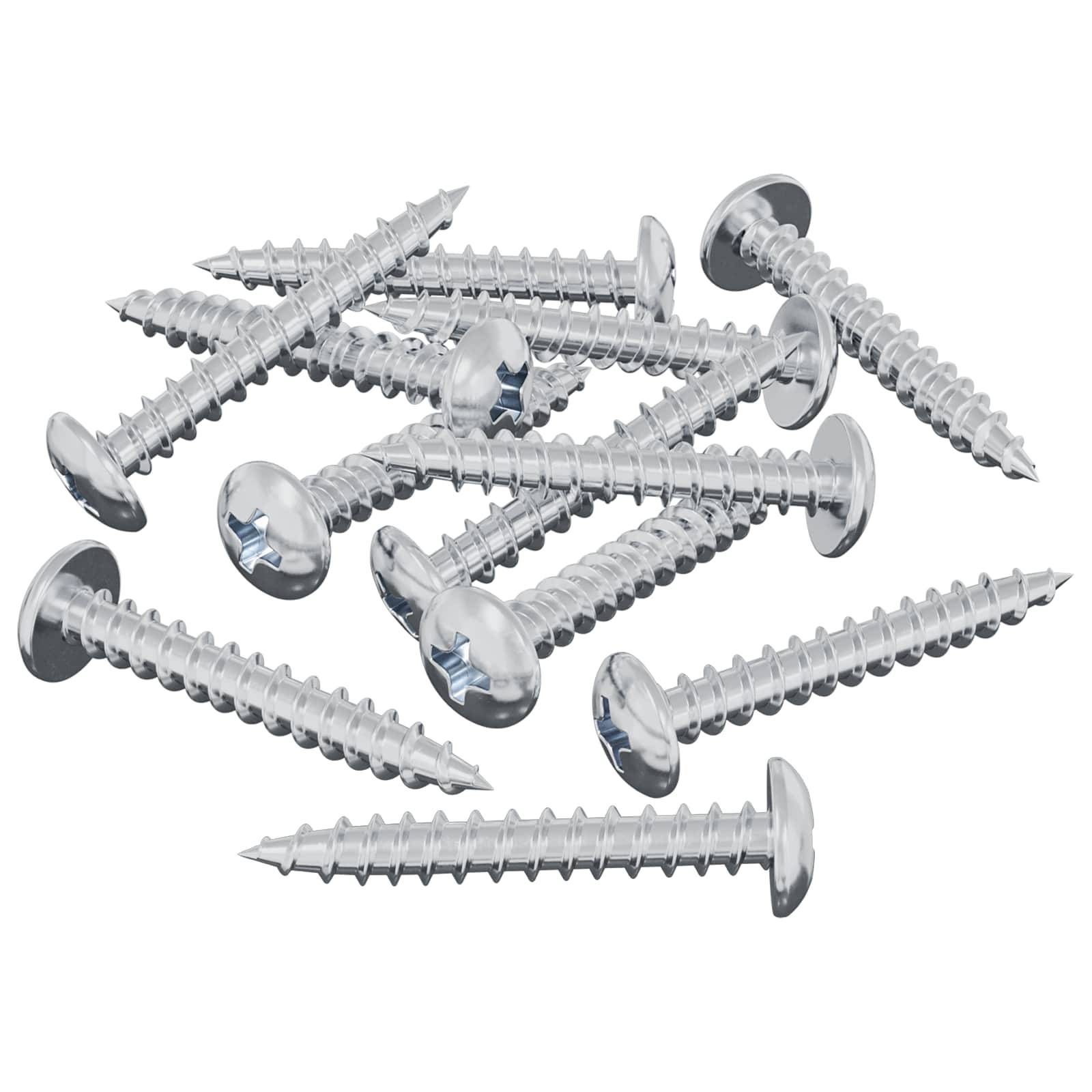 Mehrere verstreute Metallschrauben, jede mit einem flachen Kopf und einer scharfen Spitze, entwickelt zum Verbinden von Materialien miteinander.