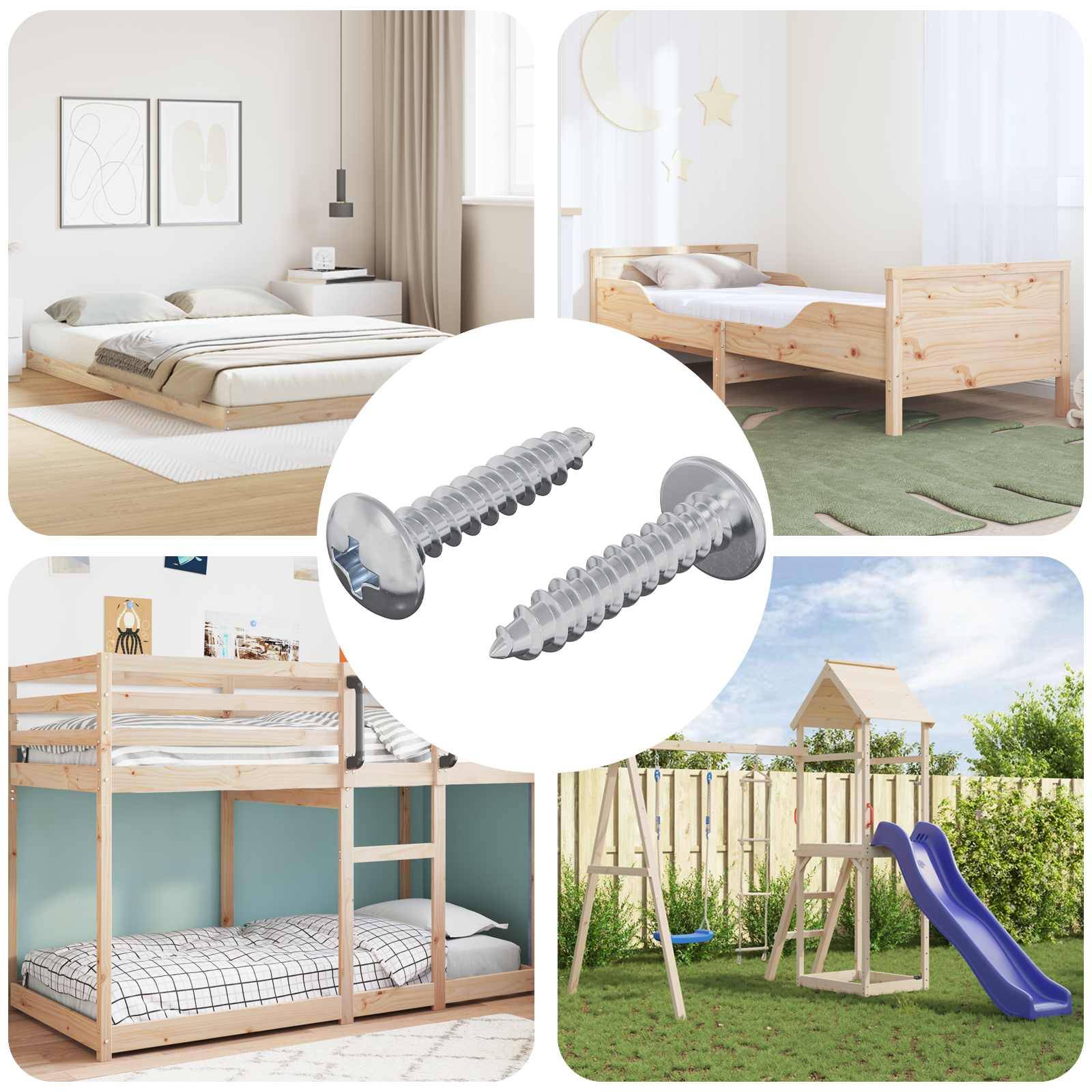 Vielseitige Silberschrauben zum Zusammenbau von Schlafzimmermöbeln und Spielgeräten im Freien. Ideal für Betten, Etagenbetten und Rutschen.
