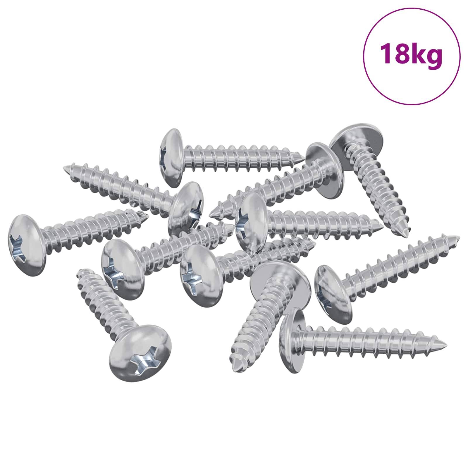 Satz aus Metallschrauben mit flachen, kreuzschlitzigen Köpfen. Jede Schraube trägt bis zu 18kg.