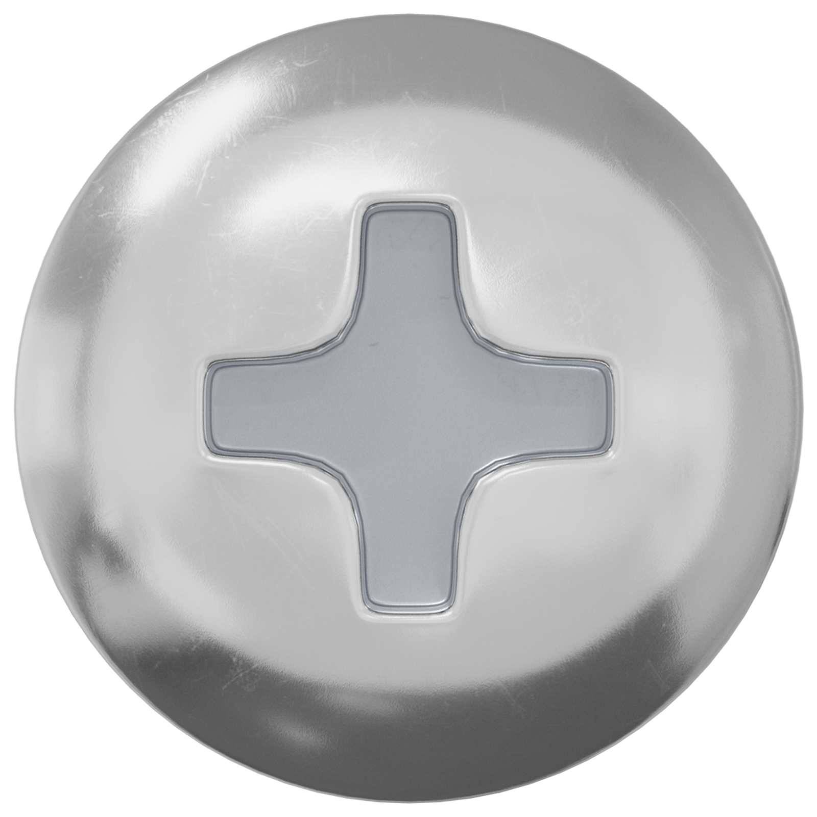 Ein glänzender, kreisförmiger Metallknopf mit einem erhabenen Kreuz in der Mitte.