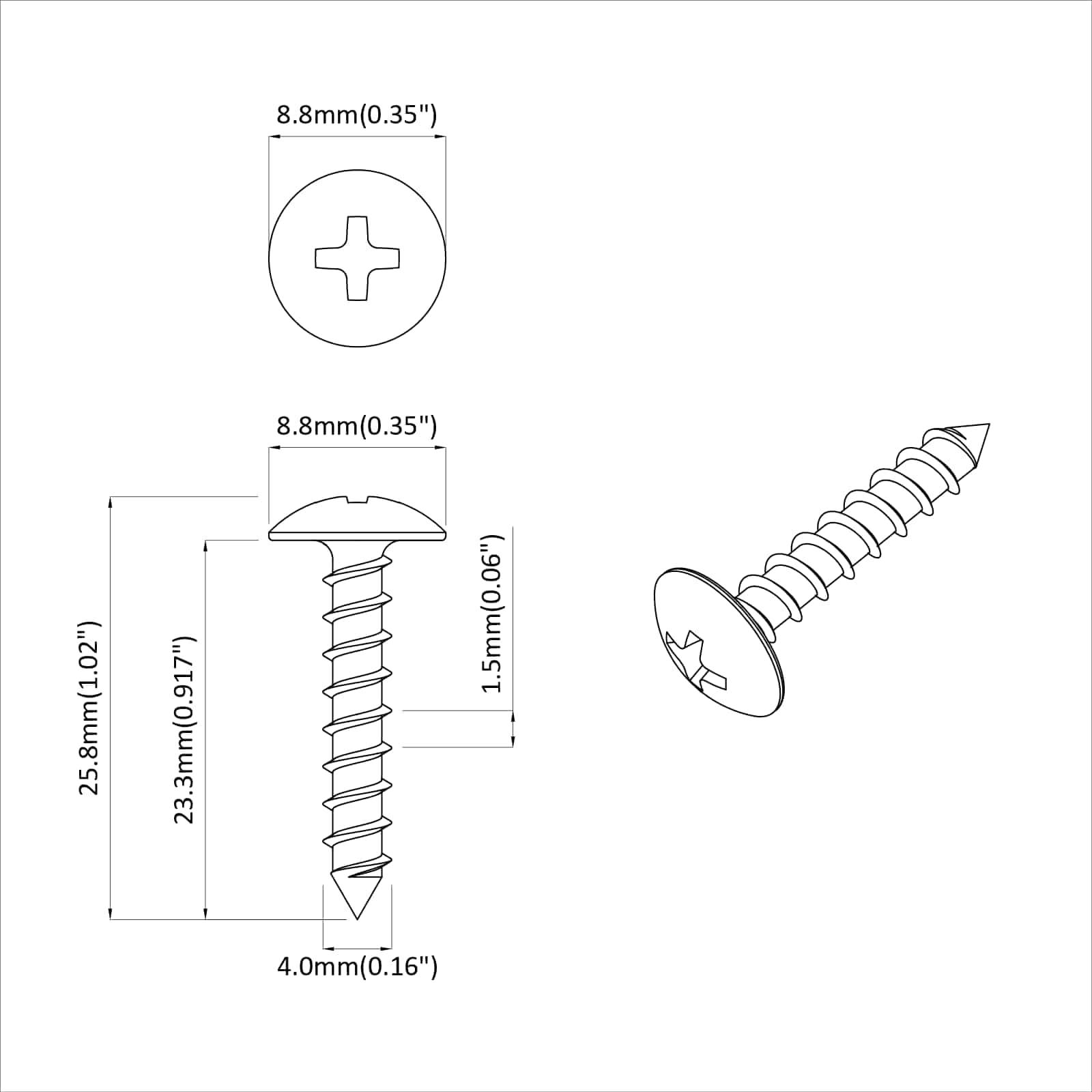 Diagramm einer Schraube mit Abmessungen: Kopfdurchmesser 8,8 mm, Länge 25,8 mm, Gewindelurchmesser 4,0 mm. Beinhaltet Ansichten von oben, von der Seite und von schräg.
