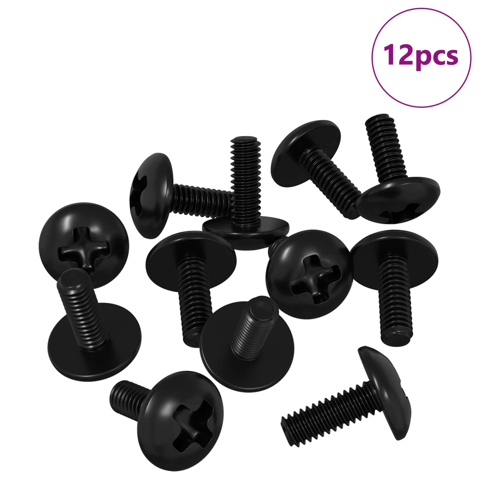 Zwölf schwarze Senkkopfschrauben sind auf einem weißen Hintergrund verstreut, wobei sowohl die Köpfe als auch die Gewindeabschnitte zu sehen sind. Text lautet '12pcs'.