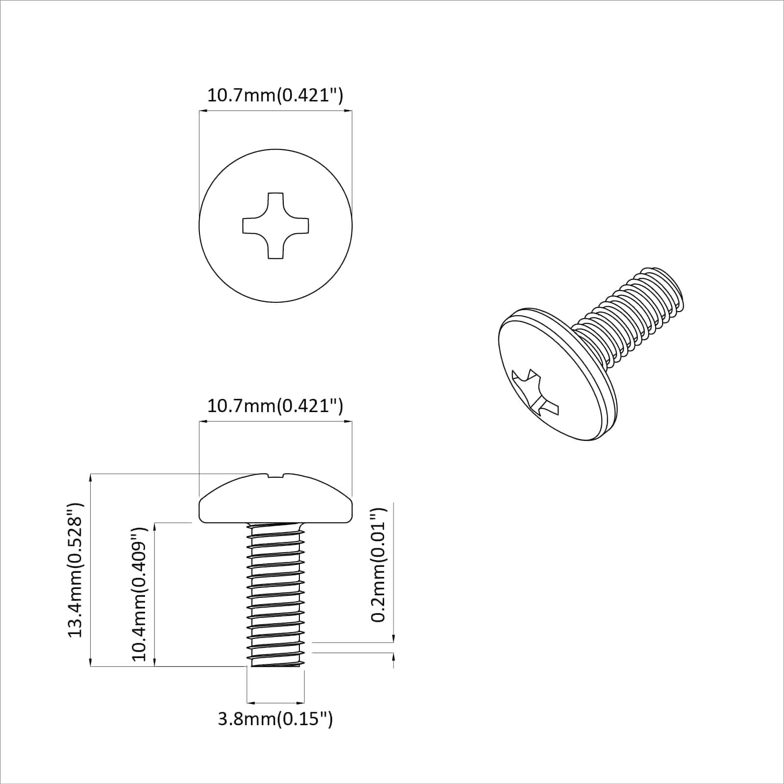 Technisches Diagramm einer Schraube mit Kreuzschlitz. Enthält Maßangaben: Kopfdurchmesser 10,7 mm, Länge 13,4 mm, Gewindedurchmesser 3,8 mm.