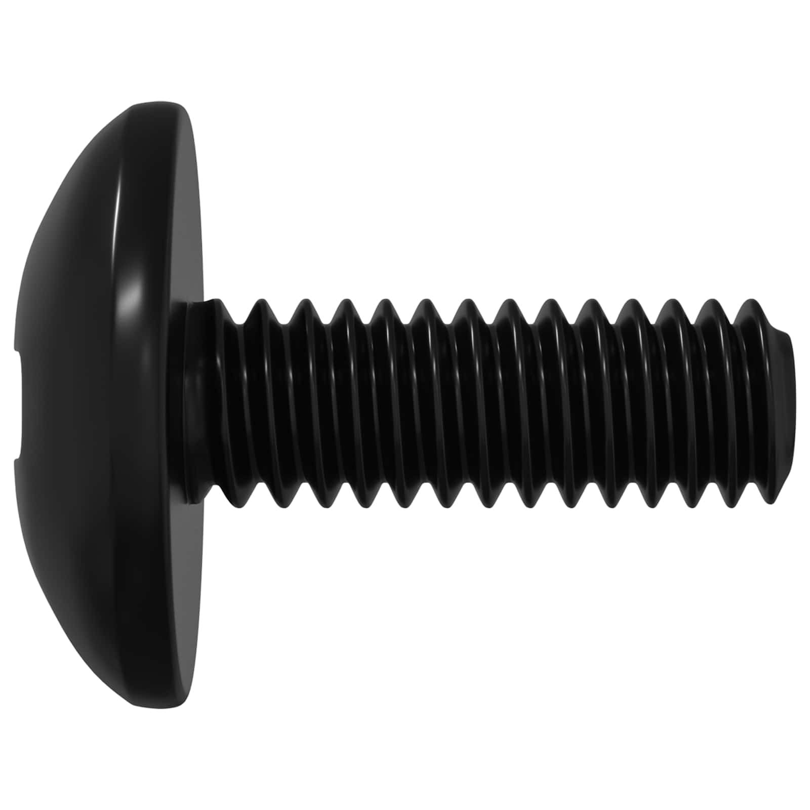 Ein schwarzer Bolzen mit rundem Kopf und gewindeförmigem Schaft, horizontal vor weißem Hintergrund dargestellt.